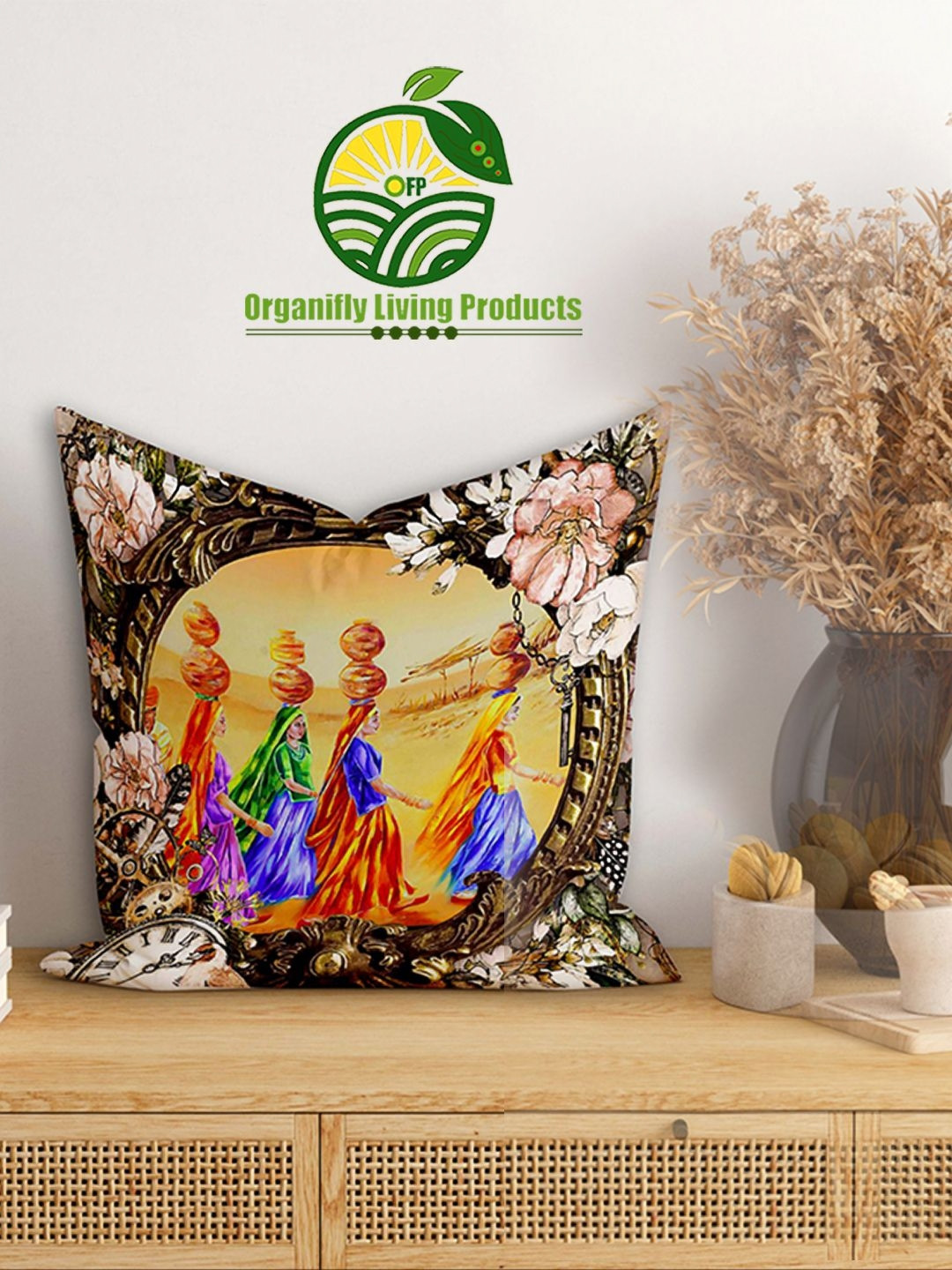 Organifly Living Products Gold-Toned Set of 4 Ethnic Motifs Square Cushion Covers