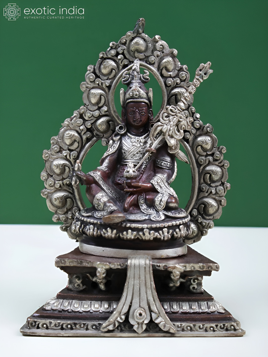 Exotic India Silver-Toned & Brown Guru Padmasambhava Religious Idol Showpiece