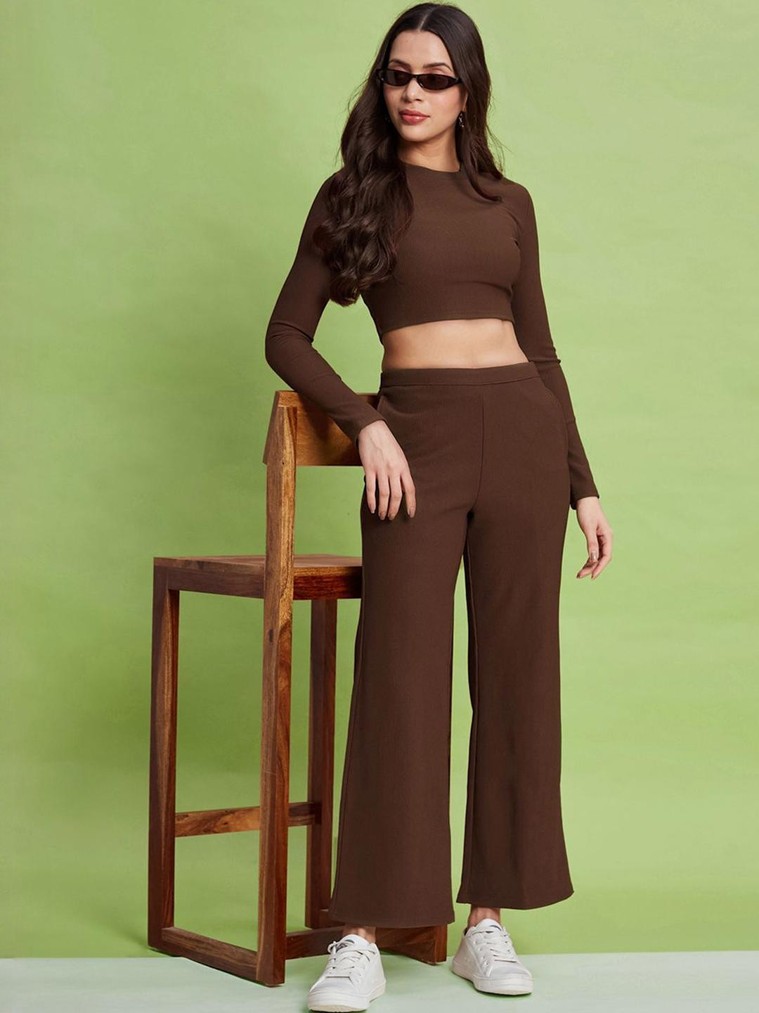 Moda Rapido Womens Brown Polyester Solid Round Neck T-shirt And Trousers Co-ords