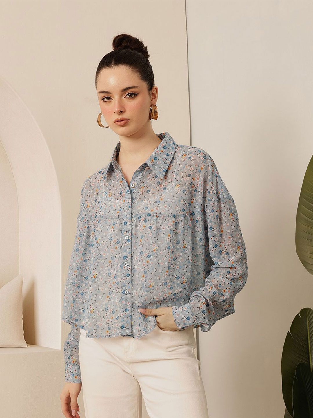 STREET 9 Comfort Floral Printed Sheer Boxy Casual Shirt