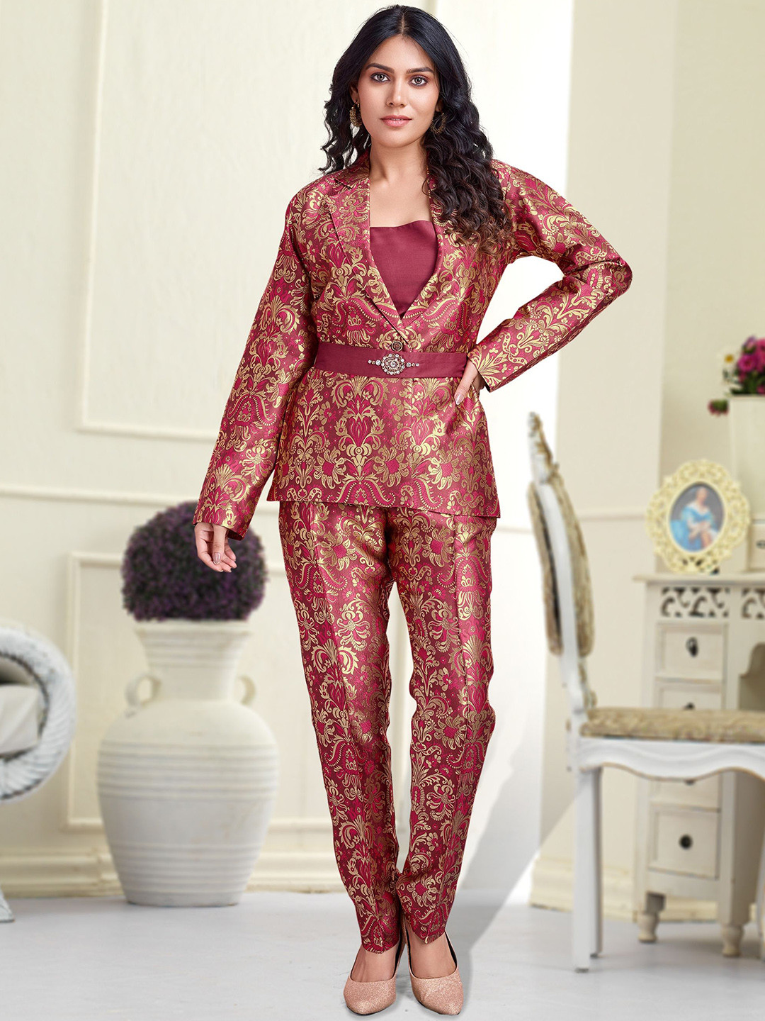 MOJILAA Woven Designed Notched Lapel Collar Blazer With Crop Top & Trousers Co-Ords Set