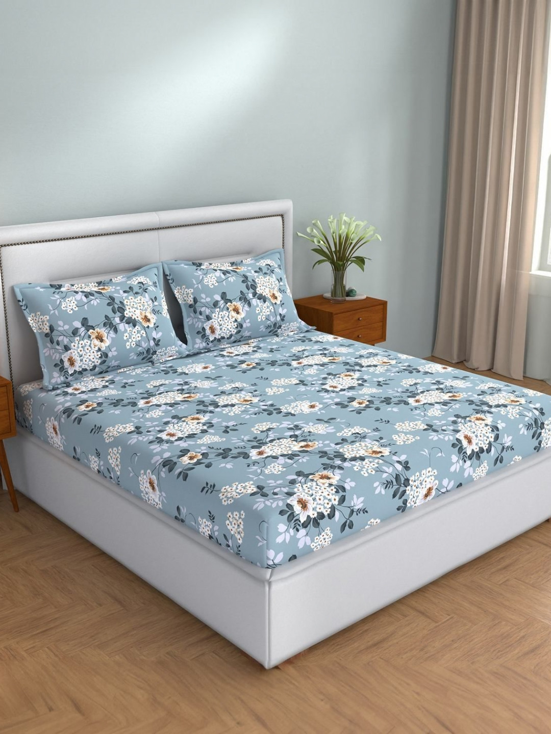 STELLAR HOME Lilly Plus Blue Printed Cotton 104 TC King Bedsheet Set 2.74 m x 2.74 m