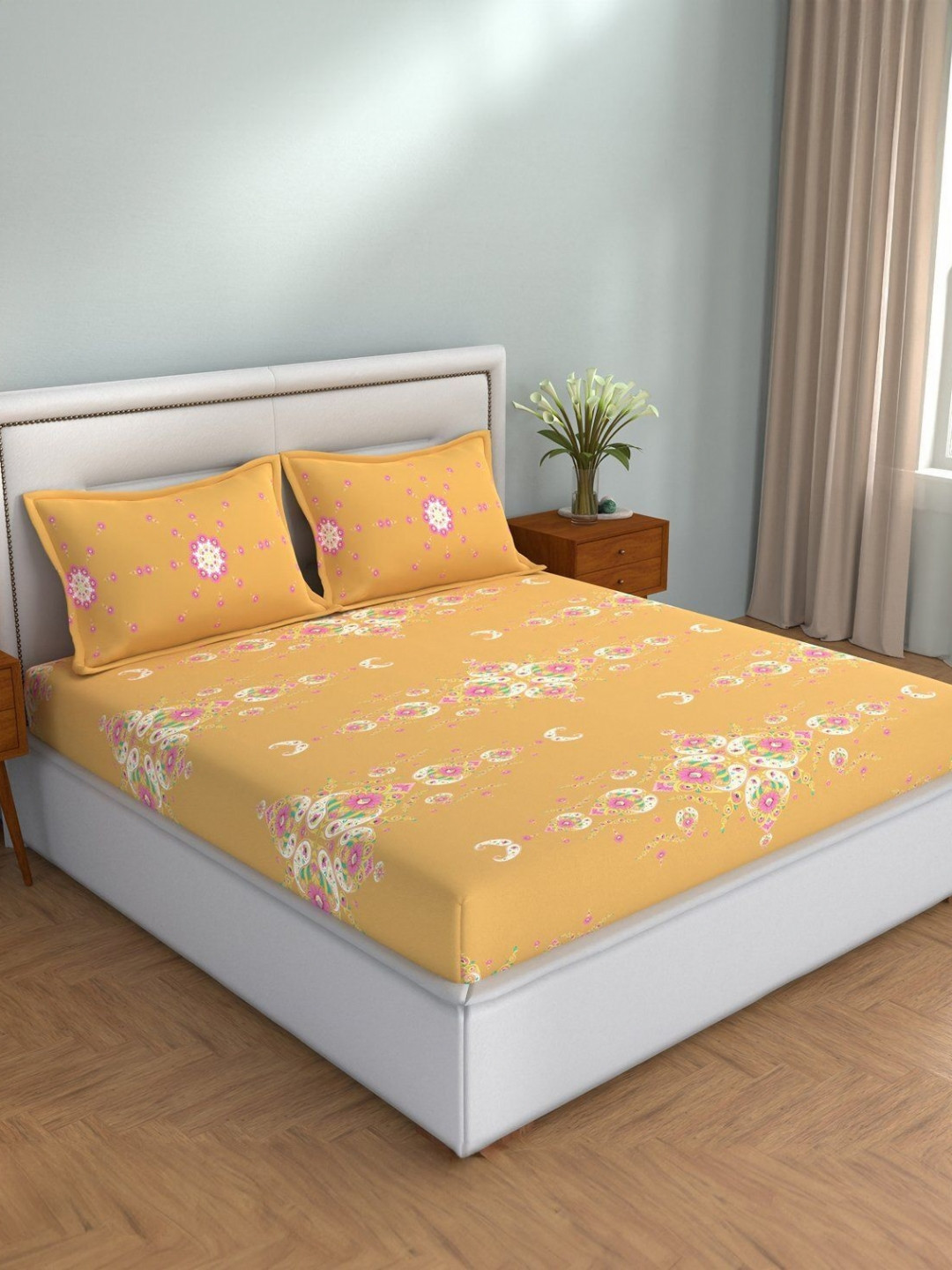 STELLAR HOME Mustard & Pink Ethnic Motifs 104 TC Queen Bedsheet with 2 Pillow Covers