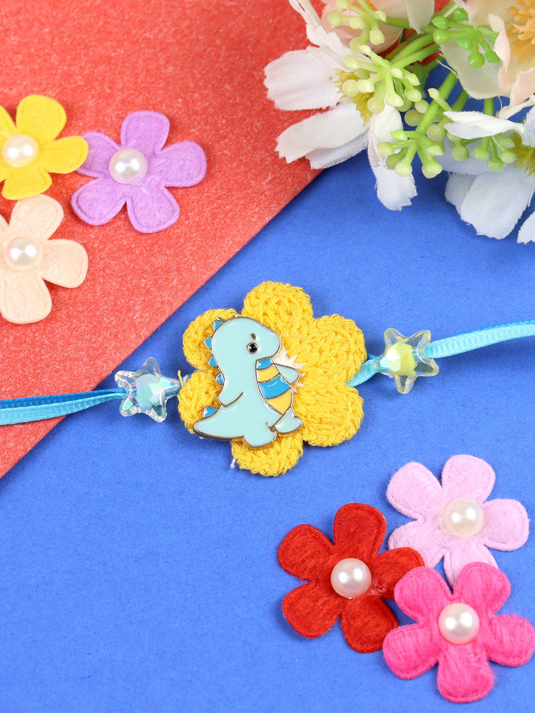 Asthetika Dinousaur Crochet Kids Thread Bracelet Rakhi With Roli Chawal