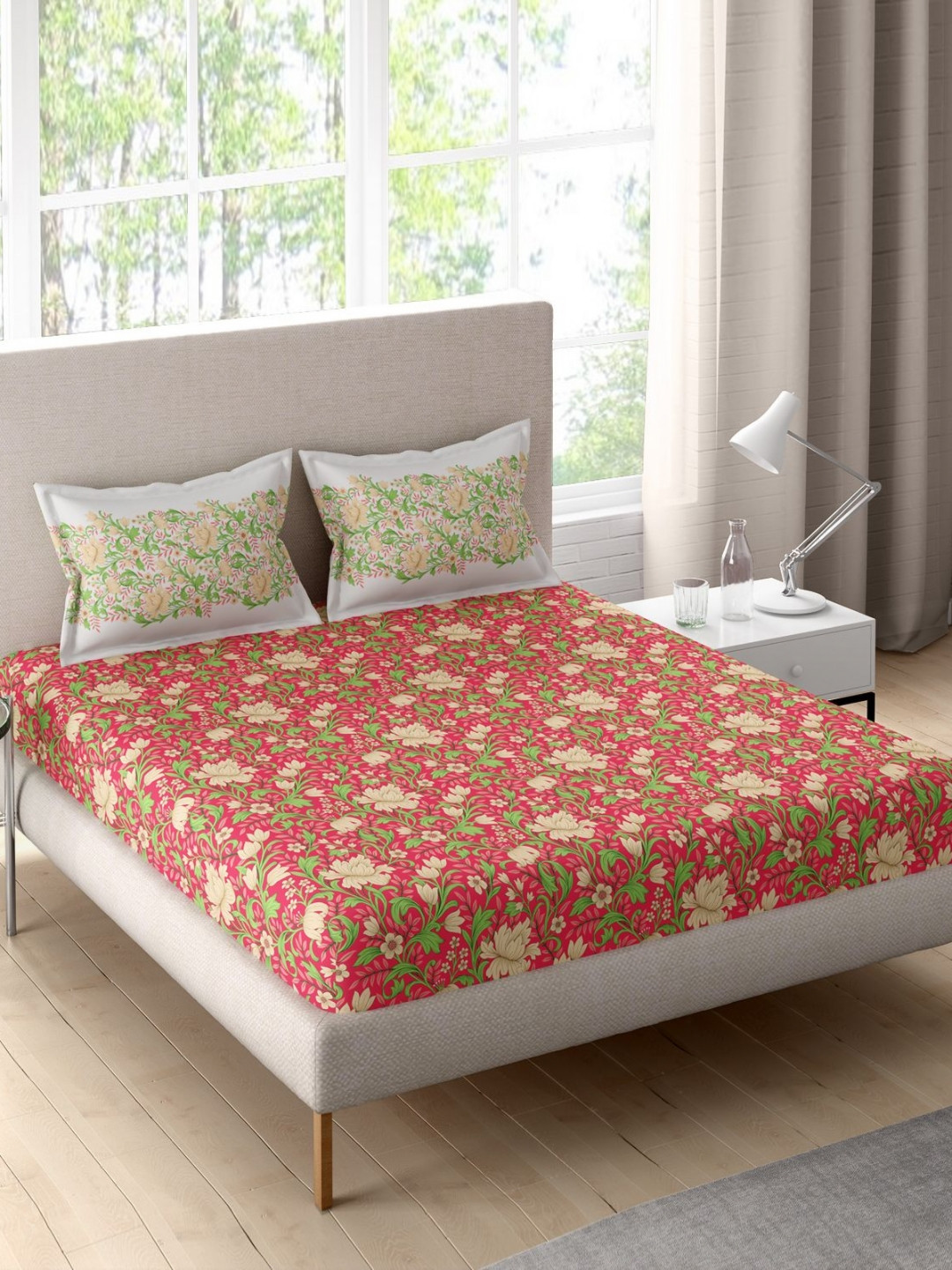 Portico Sparkle Pink & Green Floral Cotton 144TC Double Queen Bedsheet Set-2.24 m x 2.54 m