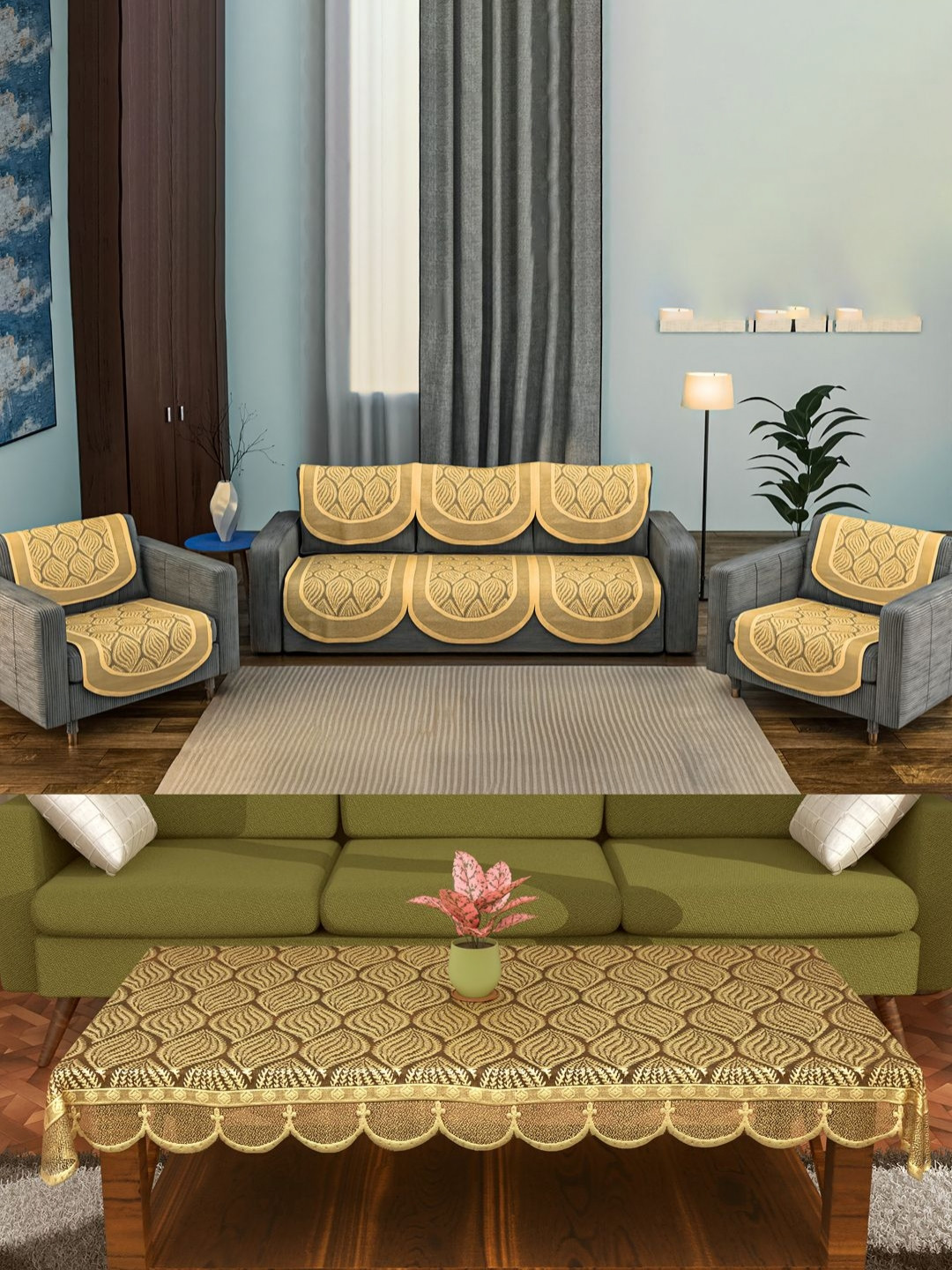 Aura Beige 7 Pieces Self Design Cotton Sofa & Center Table Covers