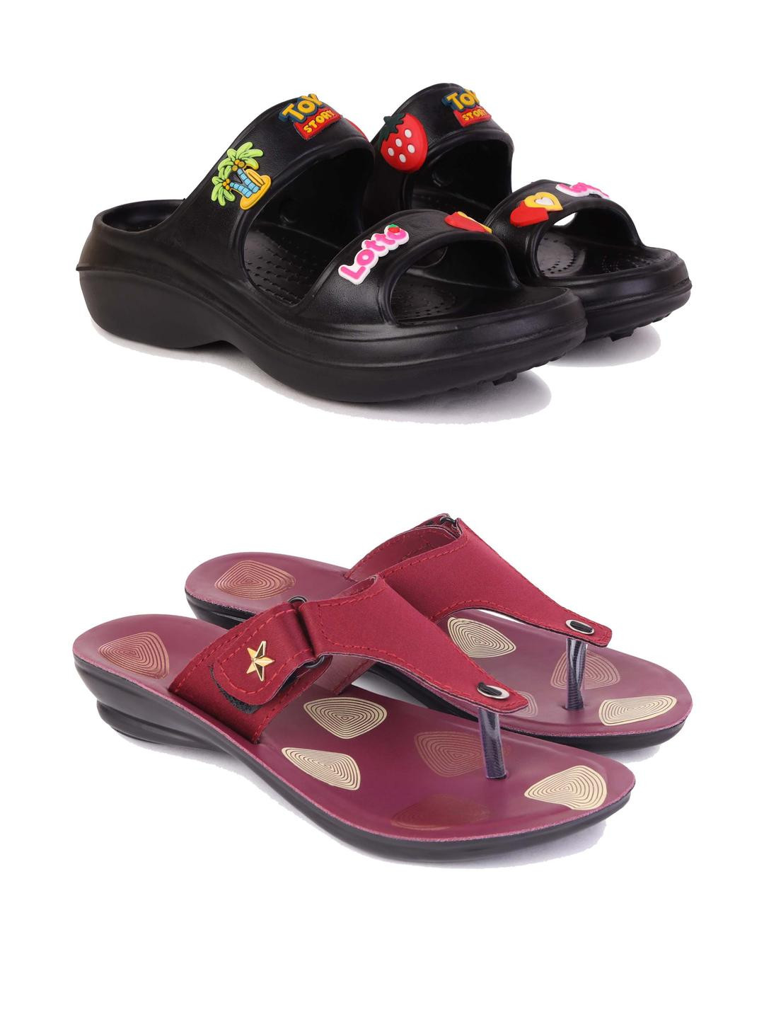 DRACKFOOT Women Pack Of 2 Self Design Sliders & Sandals