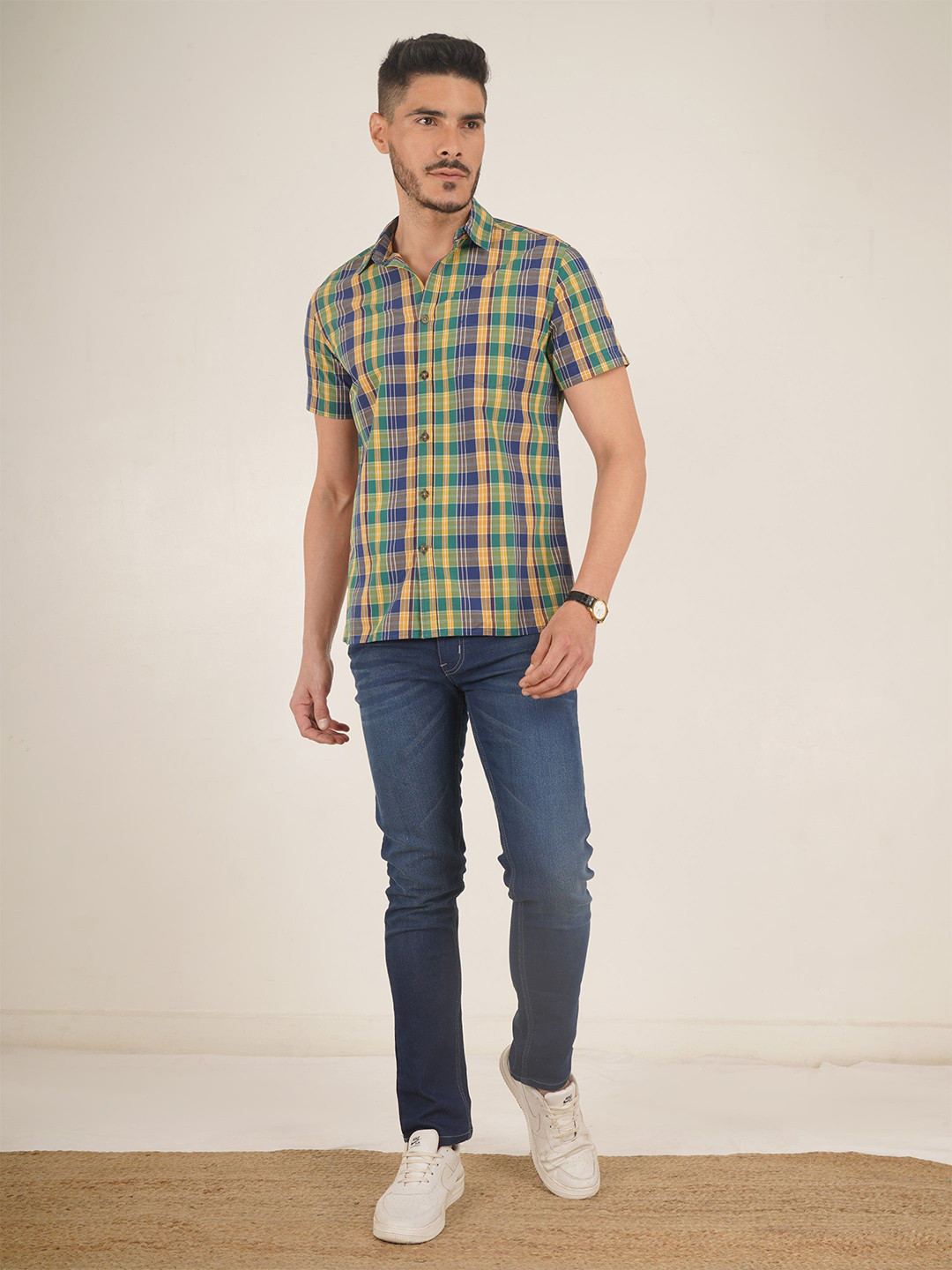 Cot'N Soft Shepherd Checked Spread Collar India Slim Cotton Casual Shirt