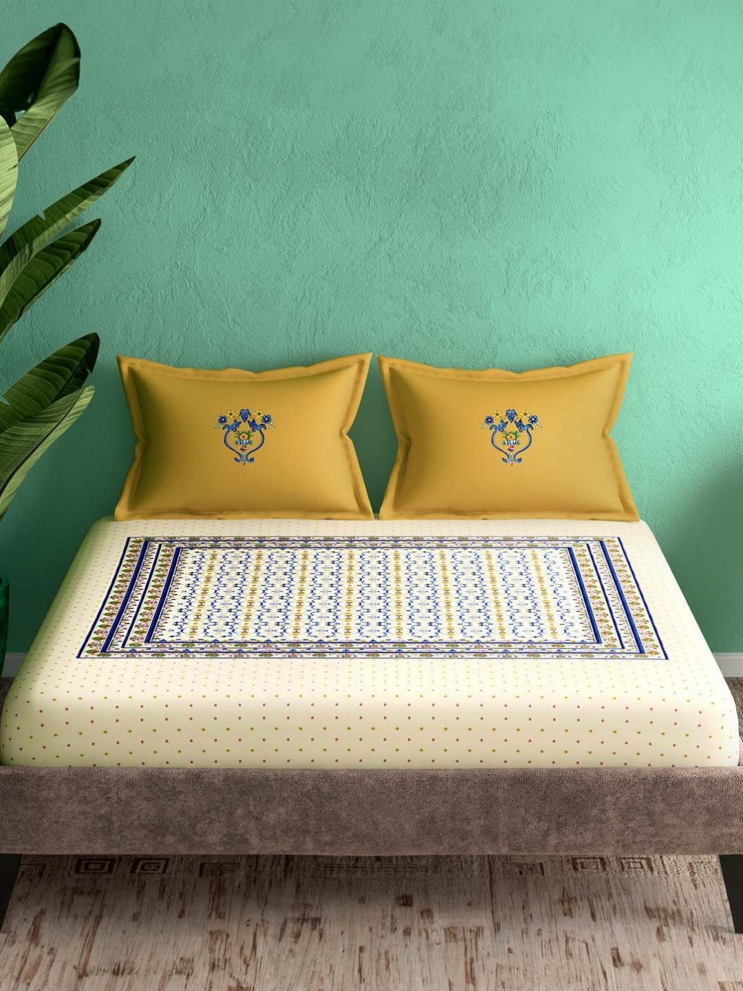 Portico Ceramica Blue & White Floral Cotton 164 TC Super King Bedsheet Set-2.74 m x 2.74 m