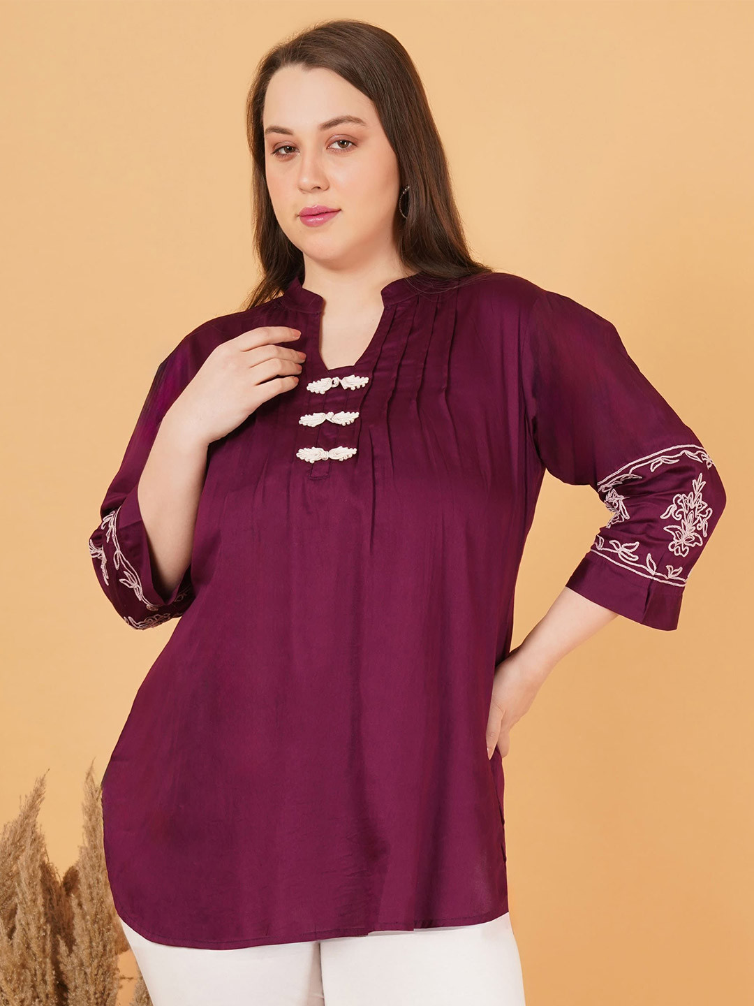 Indietoga Women Plus Size Embroidered Mandarin Collar Cotton High-Low Hem Longline Top