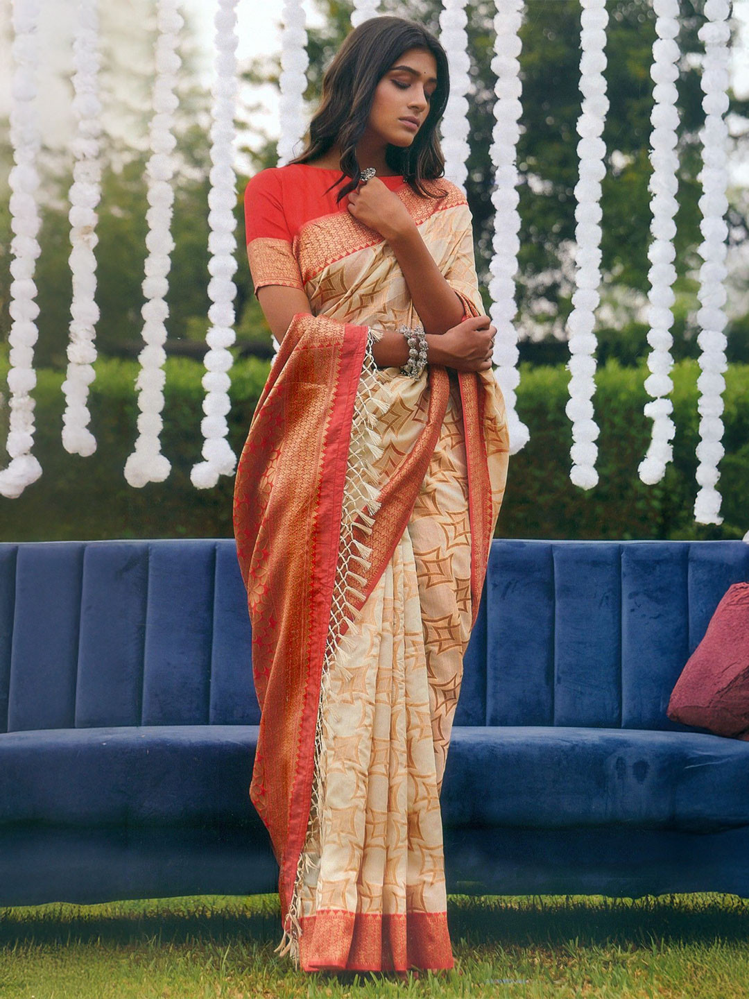 Exotic India Silk Saree with Zari-Woven Border and Geometric Motifs All-Over