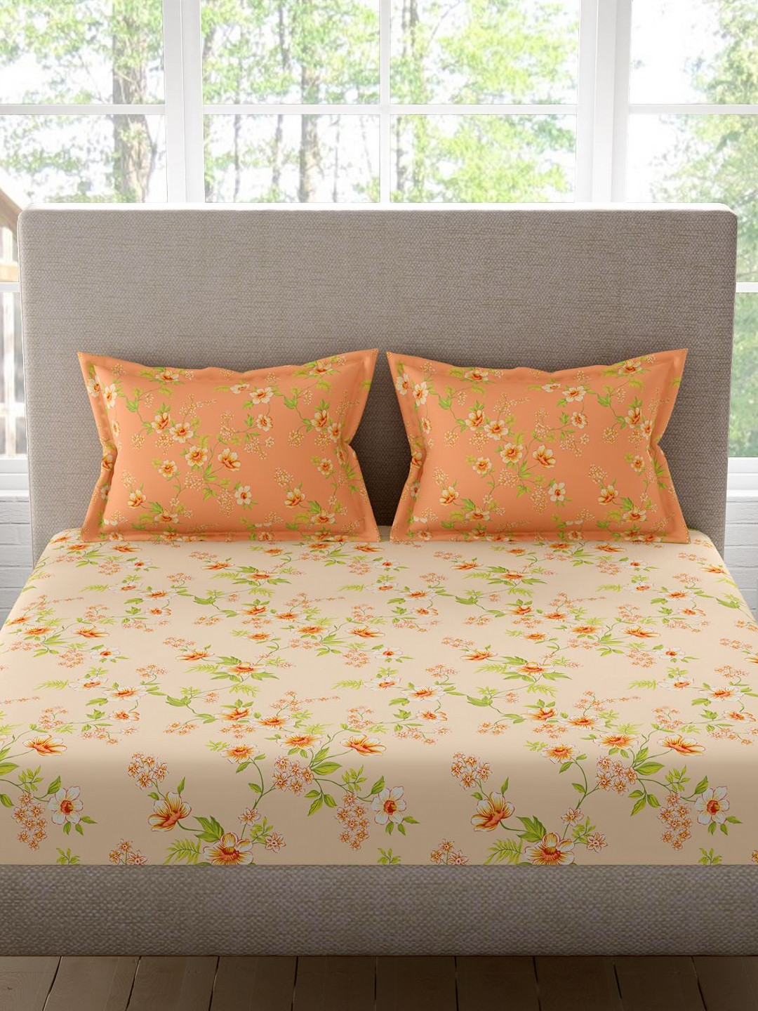 Portico Peach-Coloured & Green Floral 144 TC Queen Bedsheet with 2 Pillow Covers
