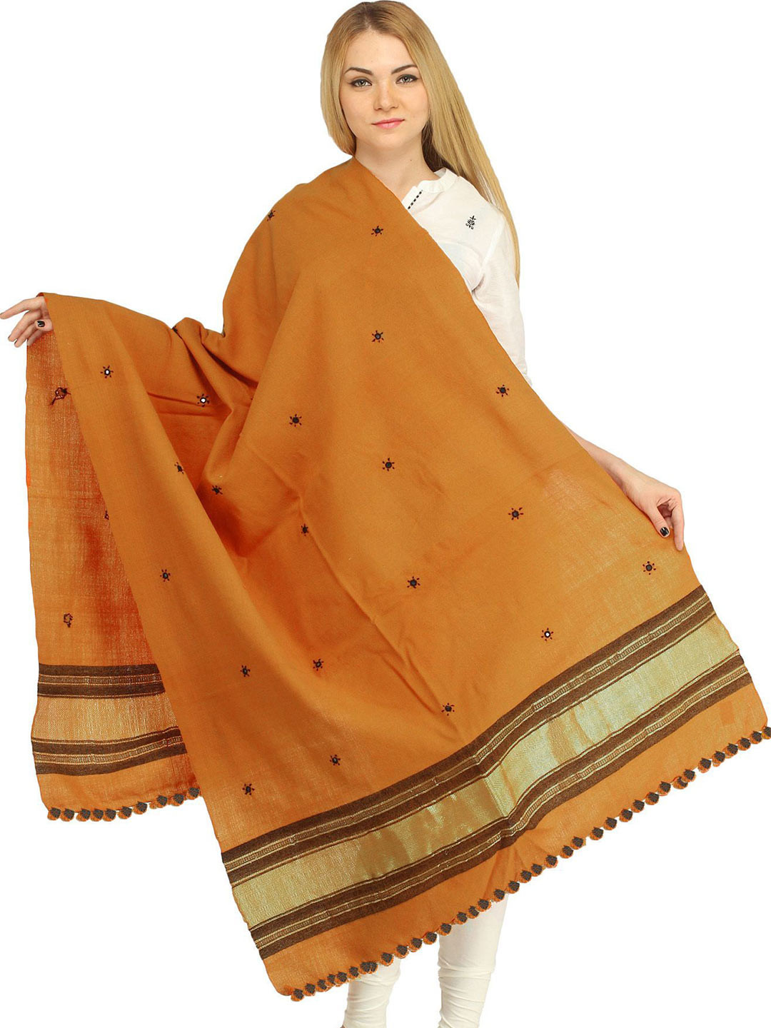 Exotic India Floral Embroidered Mirrors Pure Wool Shawl