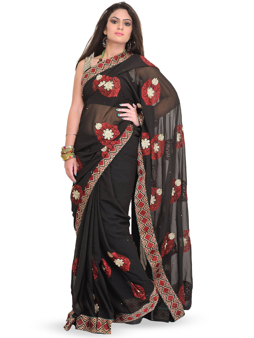 Exotic India Jet-Black Floral Embroidered Wedding Saree with Crystals and Patch Borde