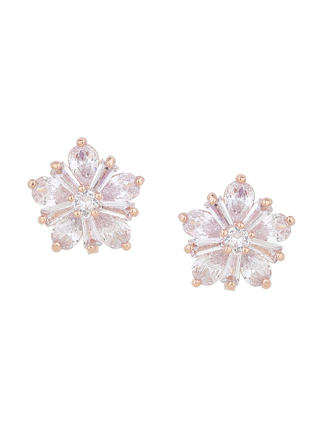 FirstBlush Stainless Steel Rose Gold-Plated Crystals Studded Floral Shaped Clip On Studs