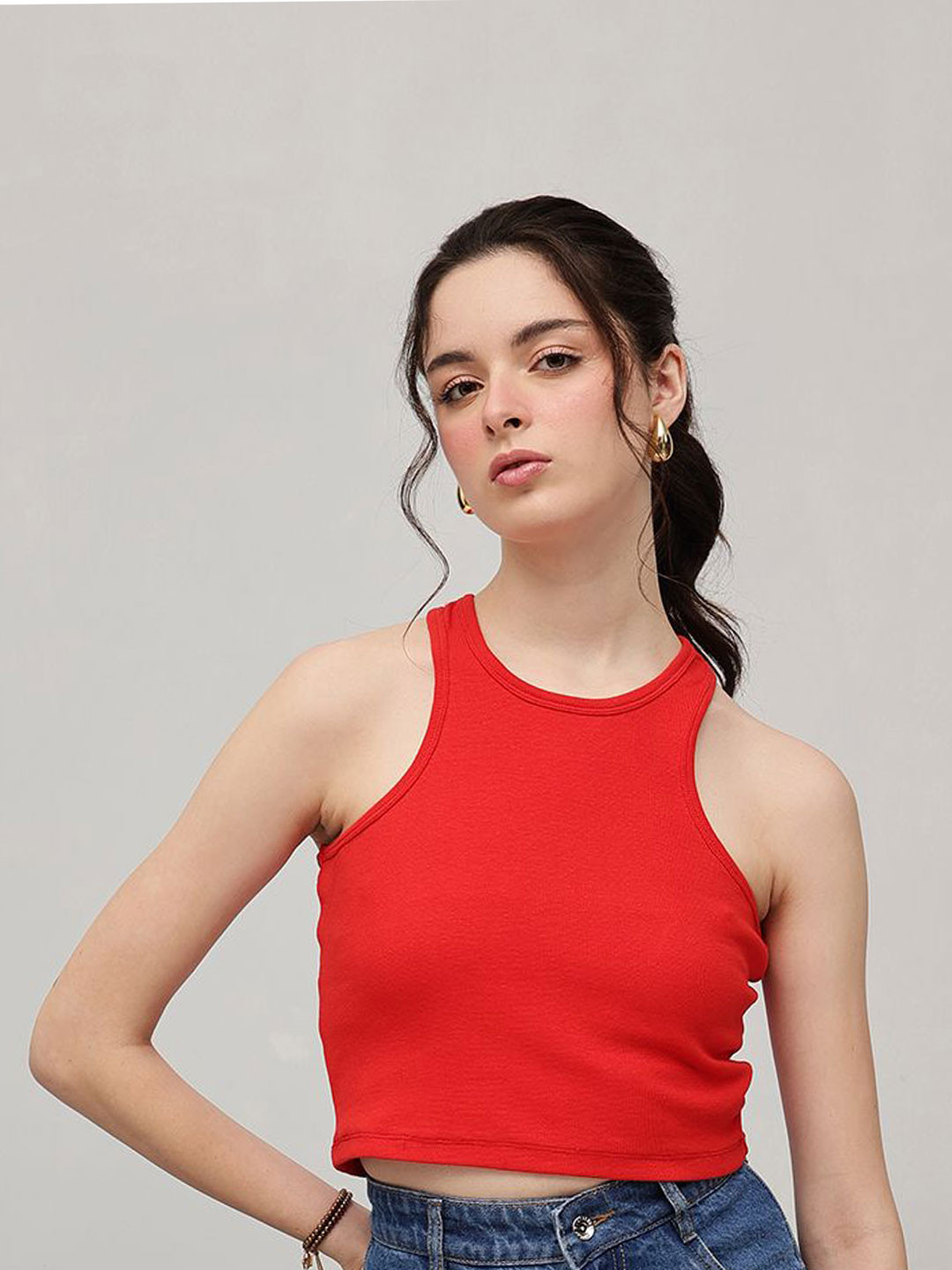STREET 9 Women Solid Round Neck Sleeveless Cotton Top