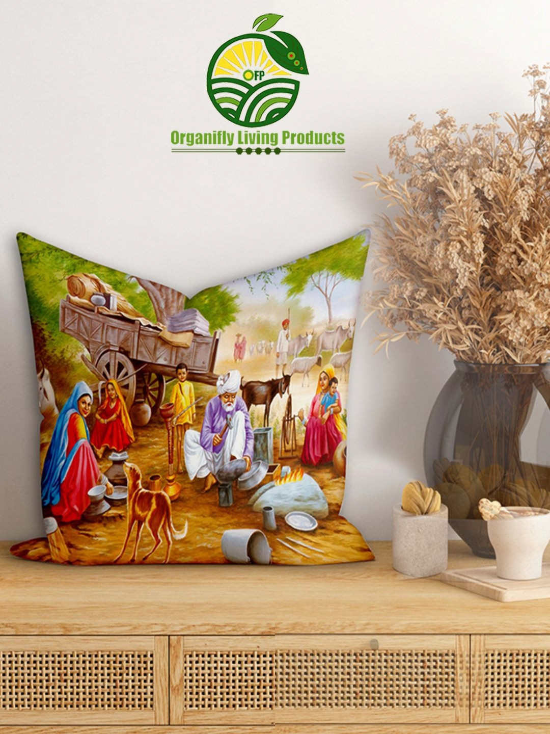 Organifly Living Products Orange & Red Ethnic Motifs Square Cushion Cover