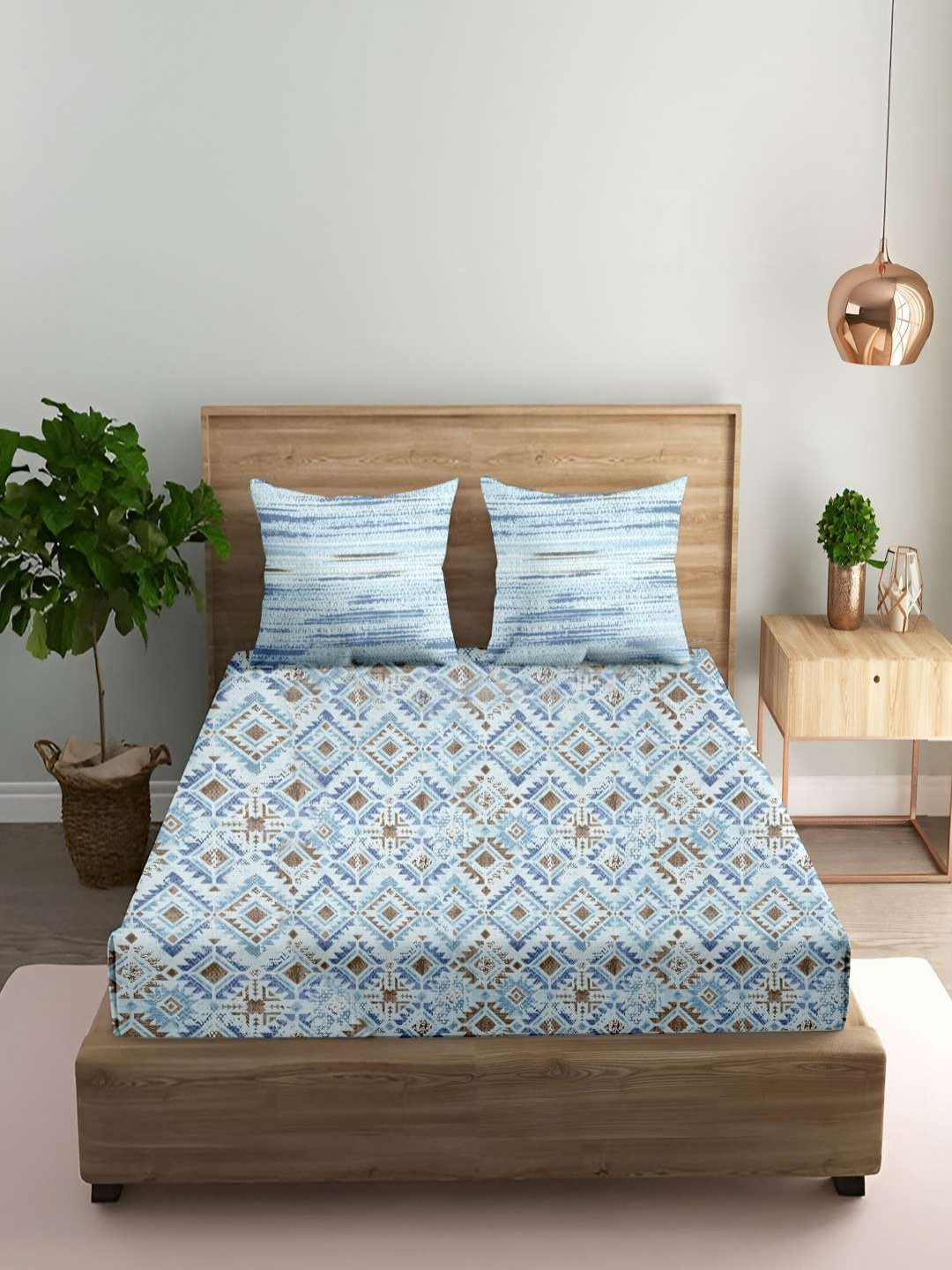 Trance Home Linen Blue & Brown Printed Cotton 180 TC King Bedsheet Set-2.64 m x 2.18 m