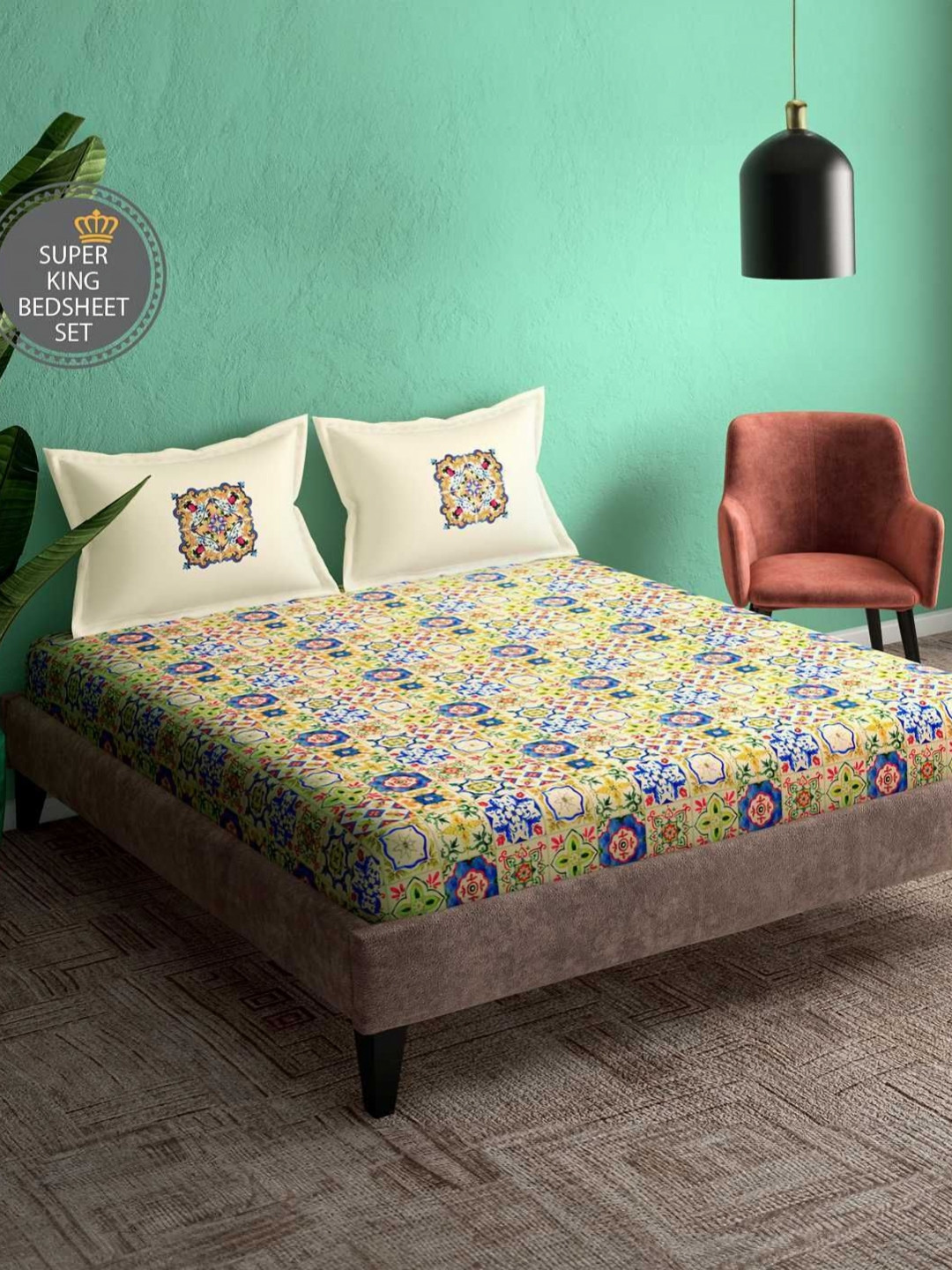 Portico Ceramica Off White Floral Cotton 164 TC Super King Bedsheet Set-2.74 m x 2.74 m