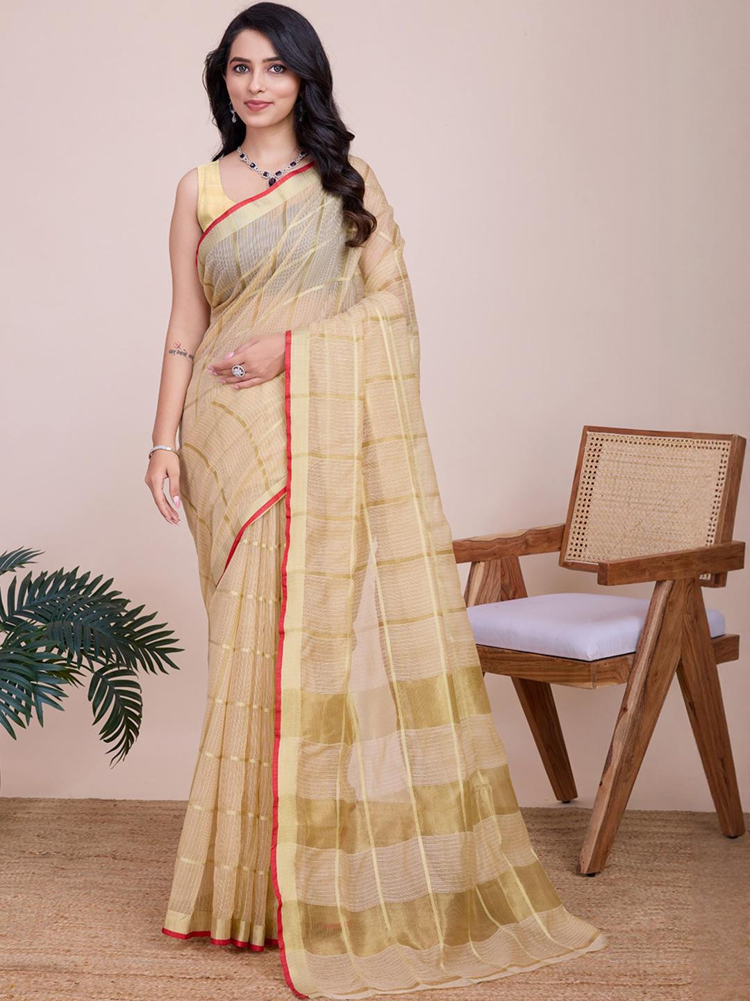 KALINI Cream Soft Cotton Saree  Red Border And Matching Blouse