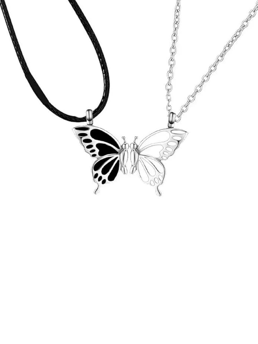 Inites Unisex Set Of 2 Stainless Steel Silver-Plated Butterfly Shaped Pendants With Chains