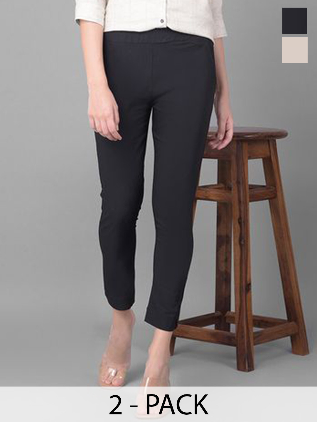 Comfort Lady Women Pack Of 2 High-Rise Cropped Cotton Slim Fit Trousers