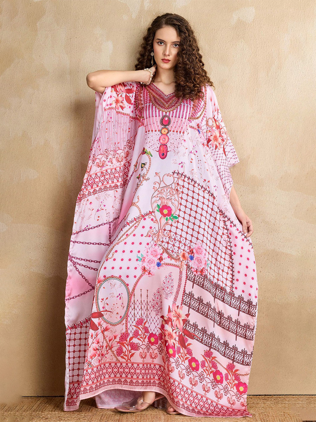 LABEL AARNA Rose Empress Soft Satin Women Kaftan with Rhinestones