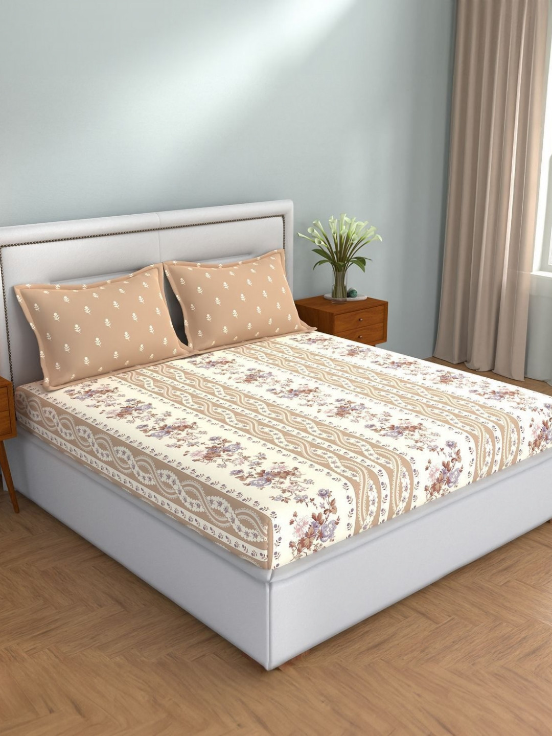 STELLAR HOME Lilly Cream & Brown Printed Cotton 104 TC Queen Bedsheet Set 2.24 m x 2.74 m