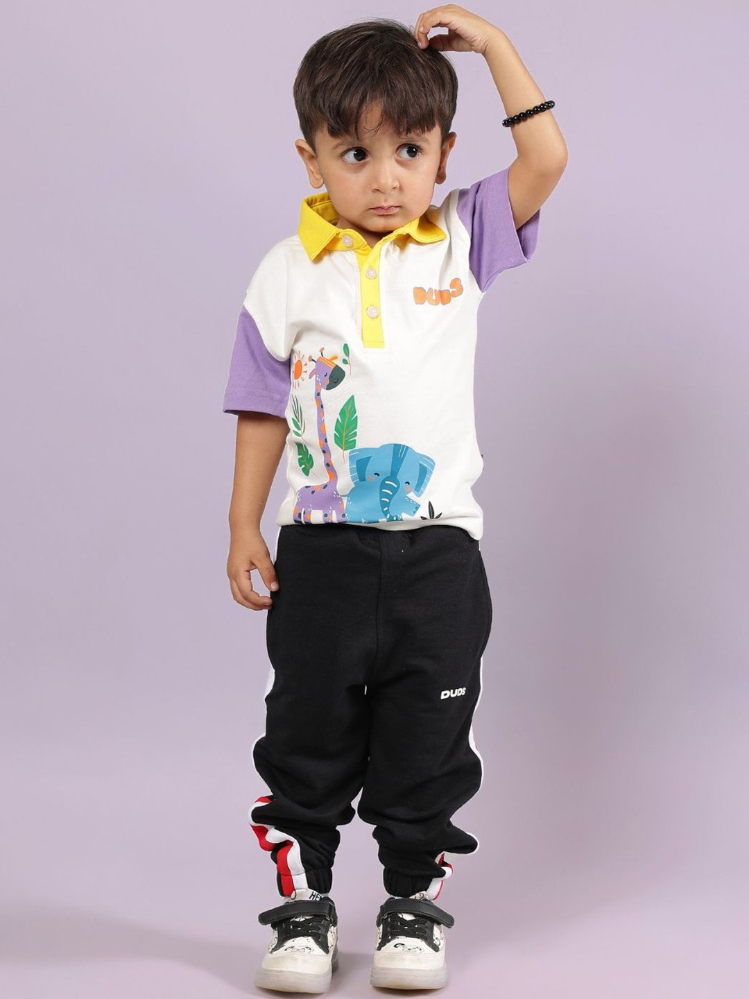 WEARDUDS Kids Borneo Printed Polo Collar Pure Cotton T-Shirt With Joggers