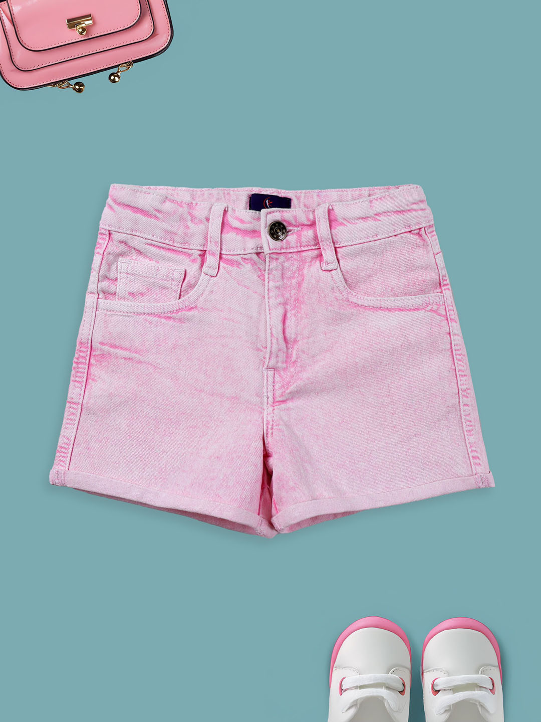 KiddoPanti Girls Denim Regular Mid-Rise Fit Tigh Length Rollup Shorts