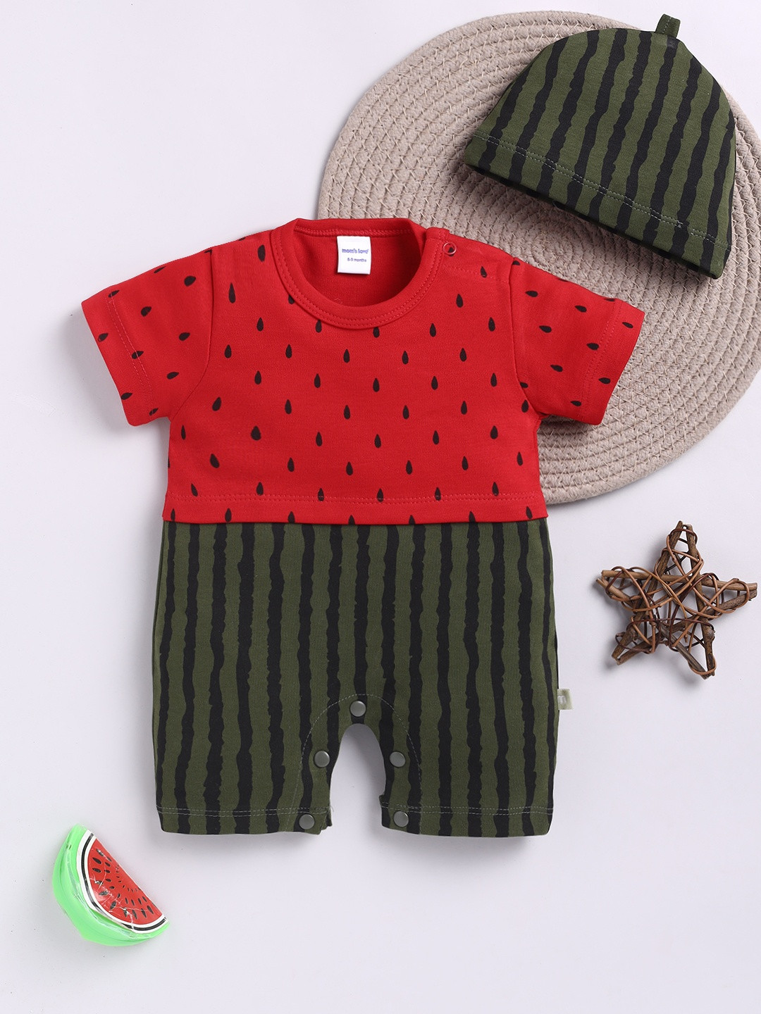 Moms Love Infant Girls Watermelon Design Pure Cotton Romper With Cap