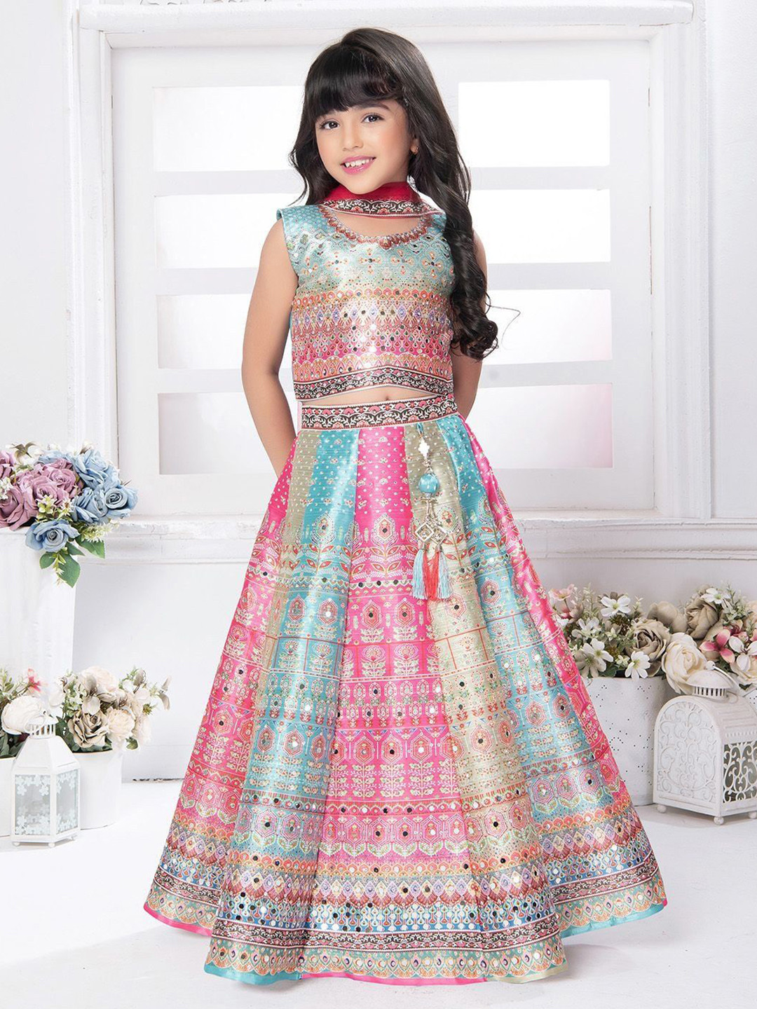 JAY NAGNATH FAB Girls Embellished Mirror Work Ready to Wear Lehenga & Blouse With Dupatta