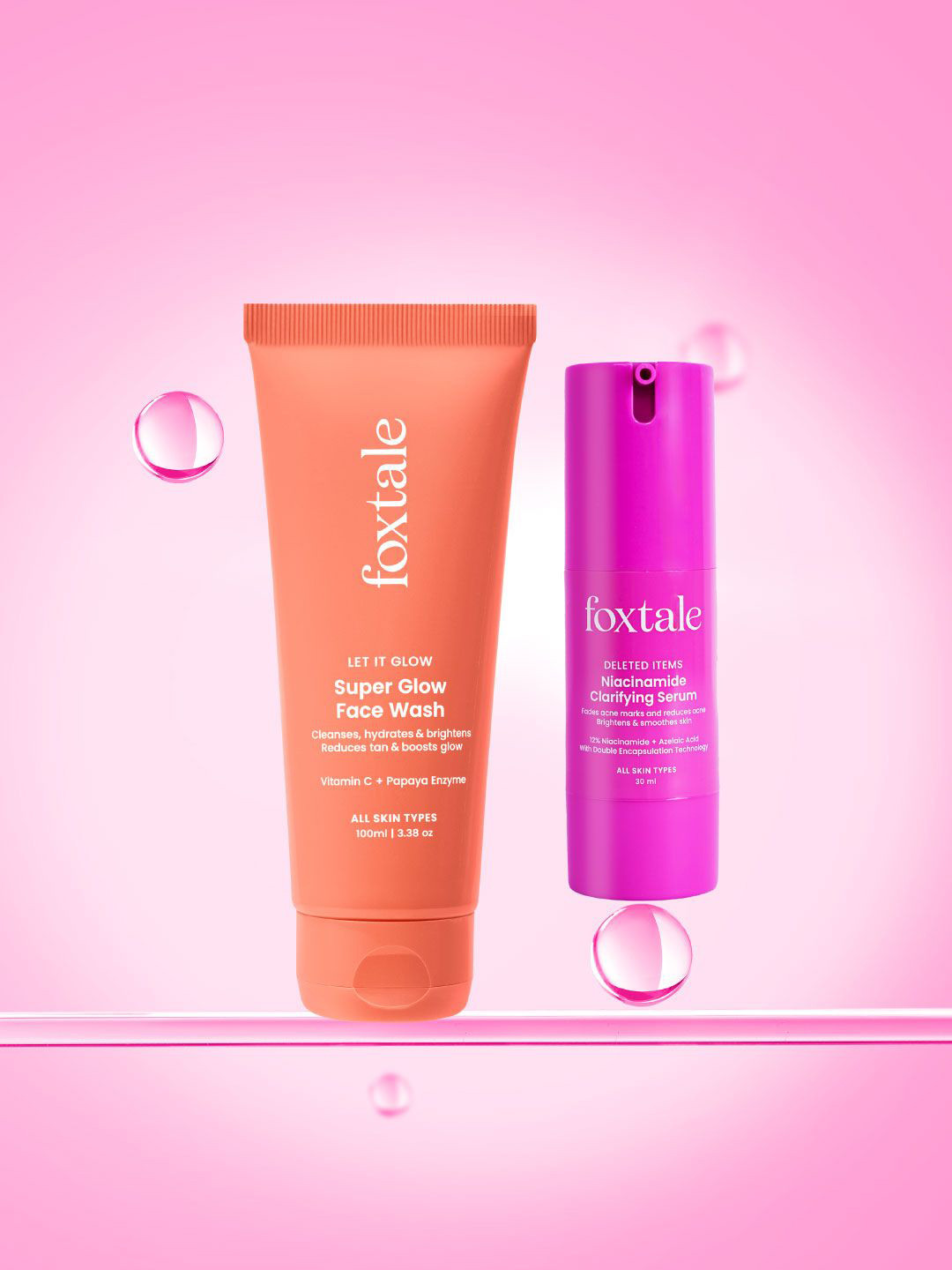 FoxTale Set Of 2 Super Glow Face Wash - 100 ml & Niacinamide Clarifying Serum - 30 ml