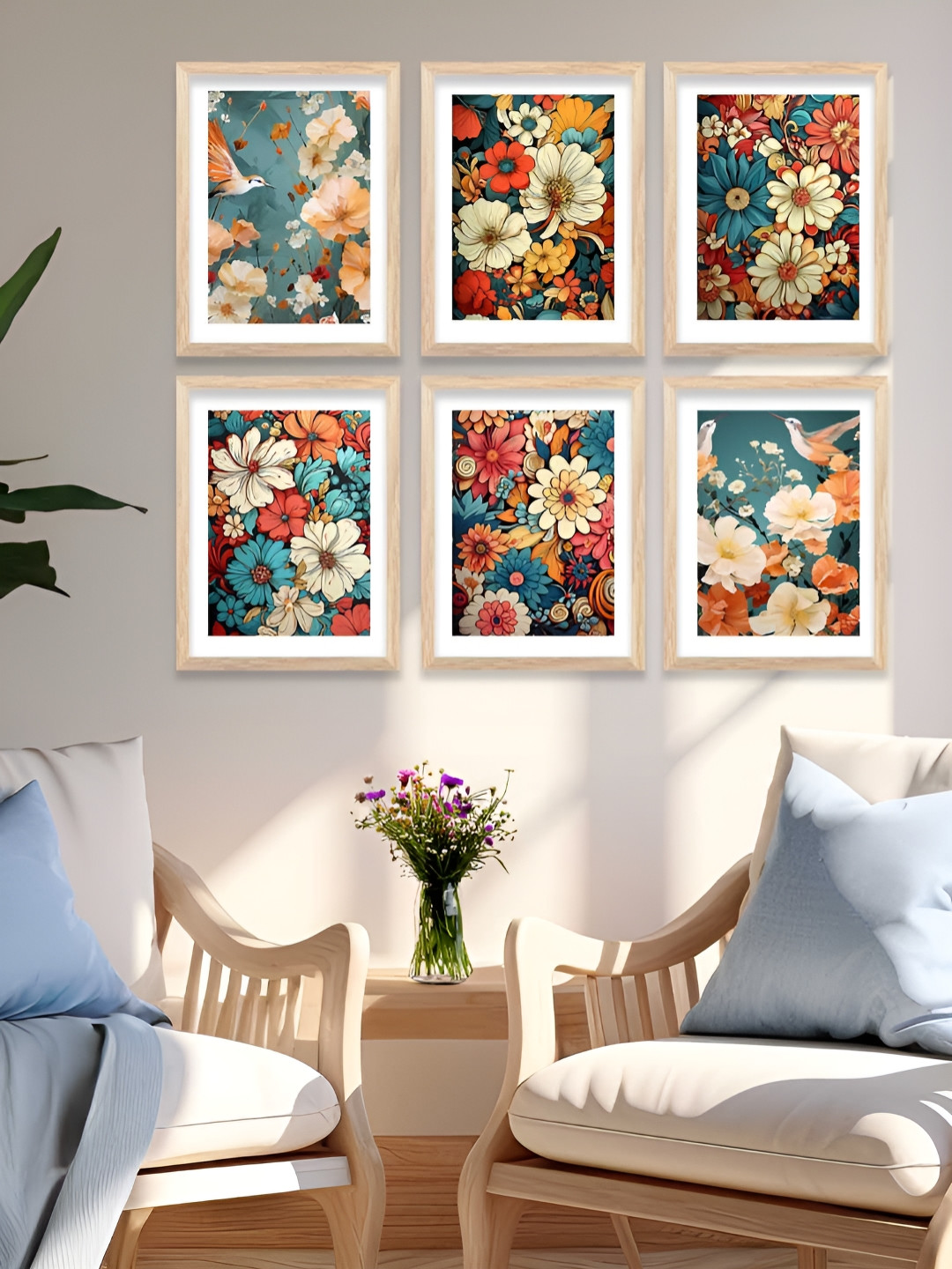 Kotart Brown & Teal 6 Pieces Floral And Botanical Printed Wooden Wall Arts