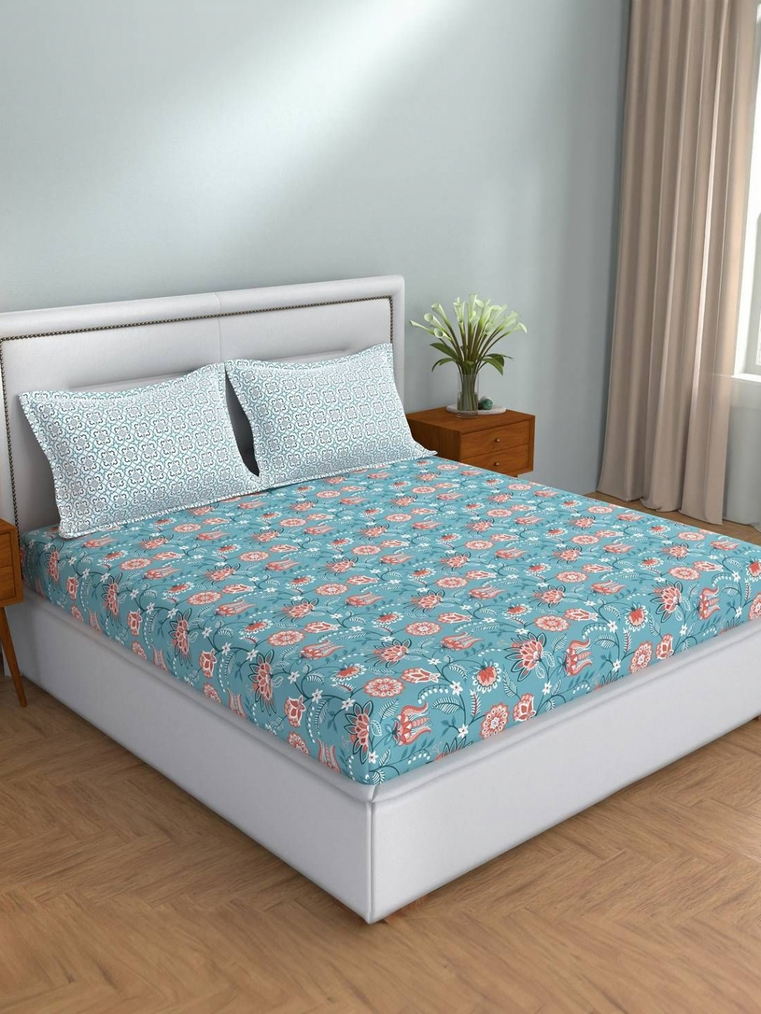 STELLAR HOME Blue And Peach Printed Cotton 104 TC Queen Bedsheet Set 2.25m x 1.50 m