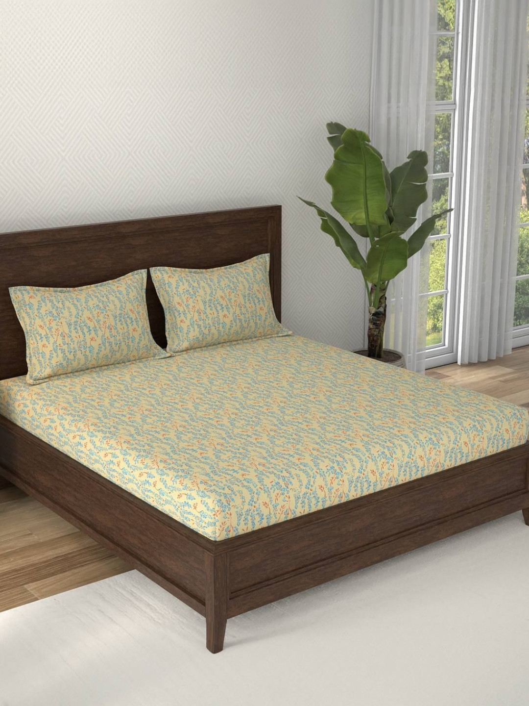 STELLAR HOME Yellow & Blue Floral Printed 144 TC Cotton King Bedsheet Set 2.74 m x 2.74 m