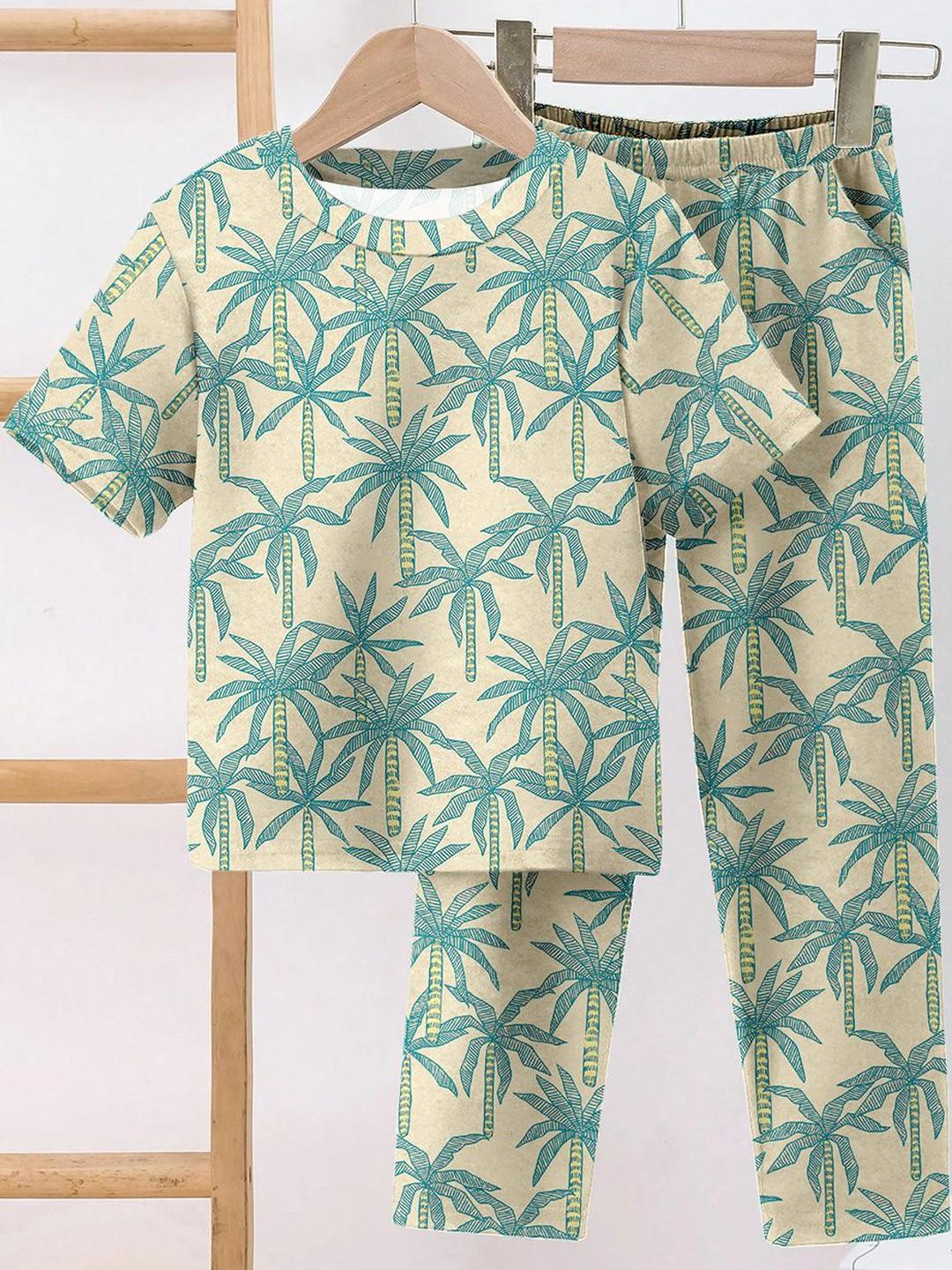 YK Boys Beige Printed Casual T-Shirt And Pant Set