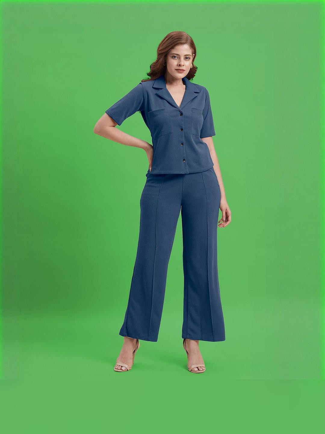 Moda Rapido Womens Blue Polyester Solid Shirt Collar Neck Top & Trousers Co-ords