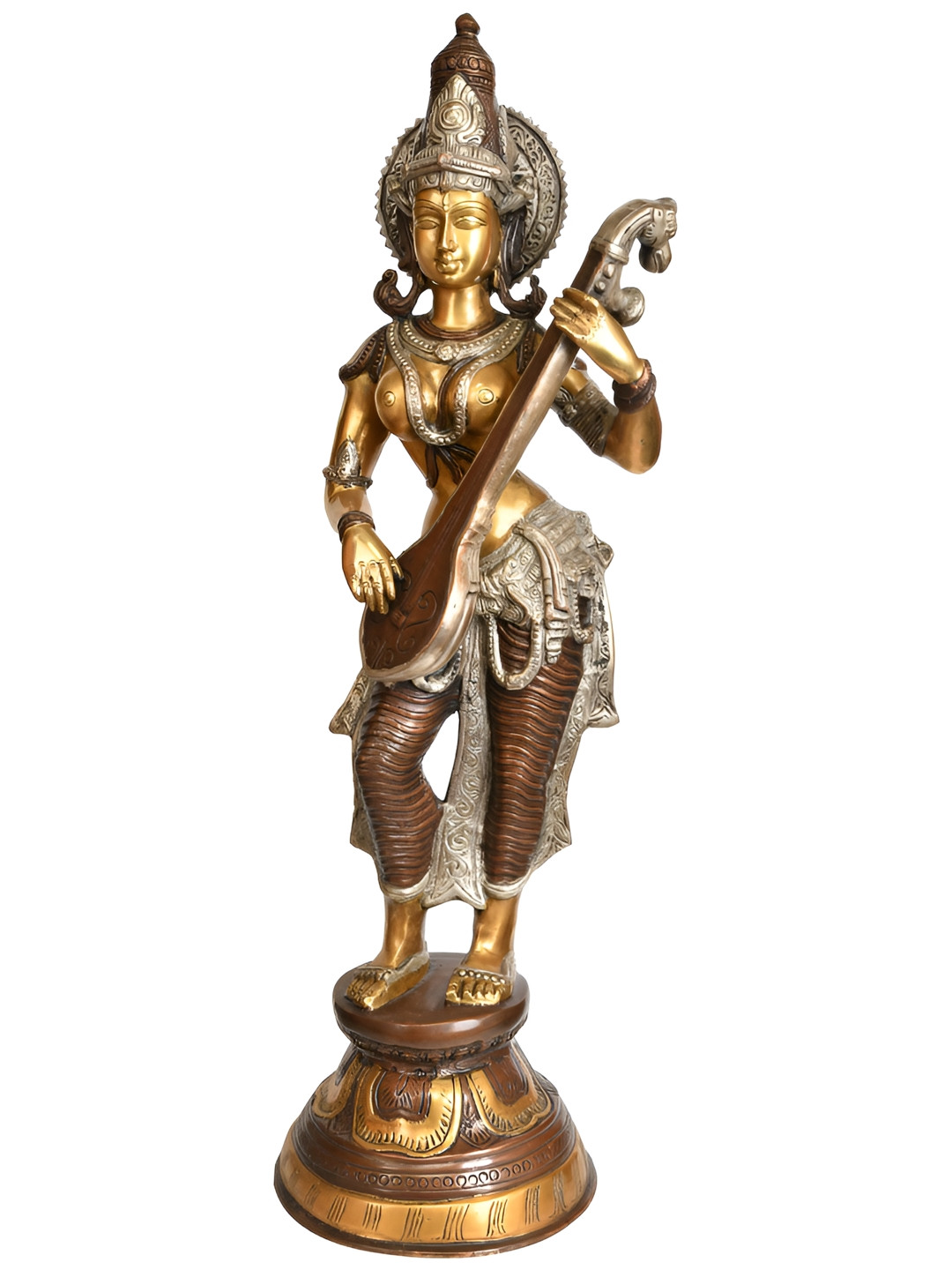 Exotic India Gold-Toned & Brown Standing Goddess Saraswati Religious Idol Showpiece