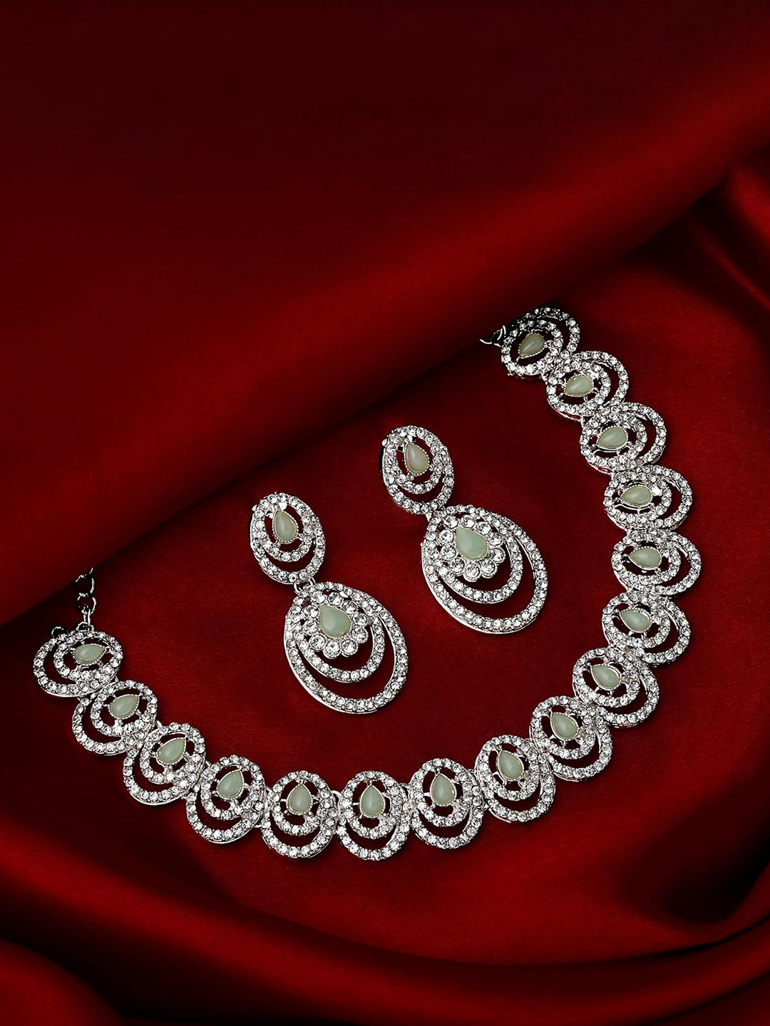 Atasi International Rhodium-Plate American Diamond  Stone Studded Jewellery Set