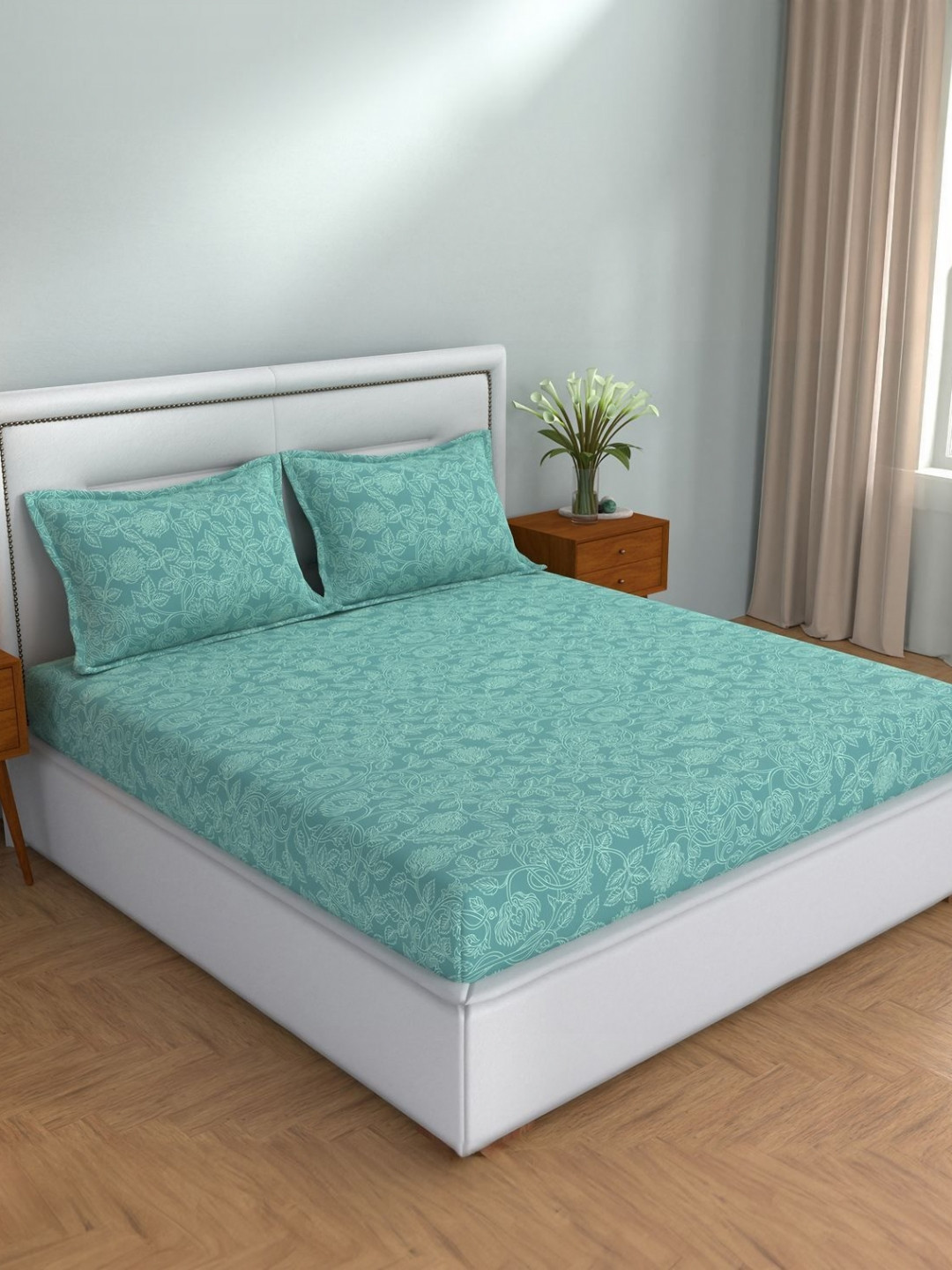 STELLAR HOME Teal Floral 104 TC Bedsheet with 2 Pillow Covers