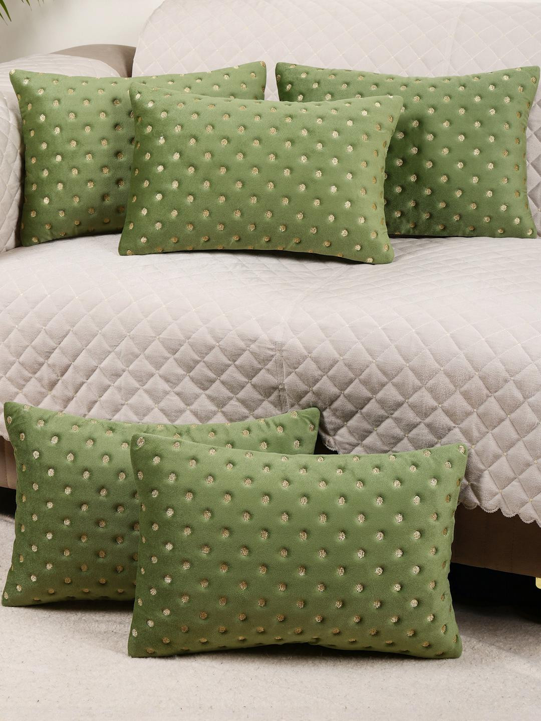 MONKDECOR Green & Gold-Toned Quirky Velvet Rectangle Cushion Covers - Set of 5