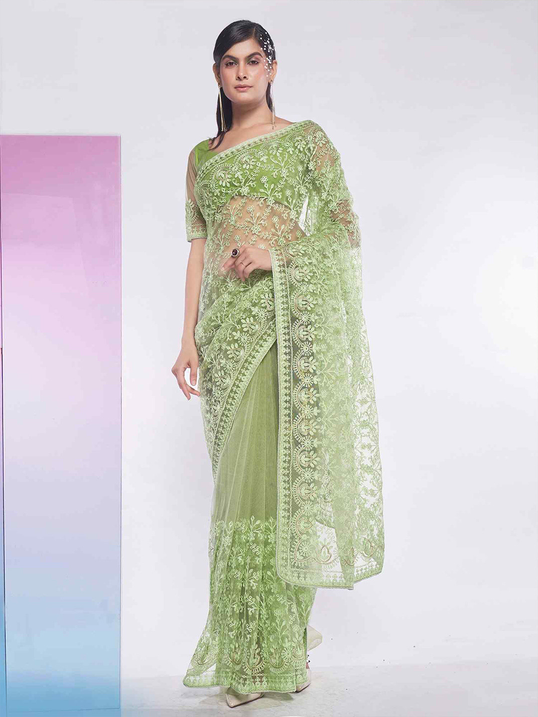 HERE&NOW Ethnic Motifs Embroidery Net Saree