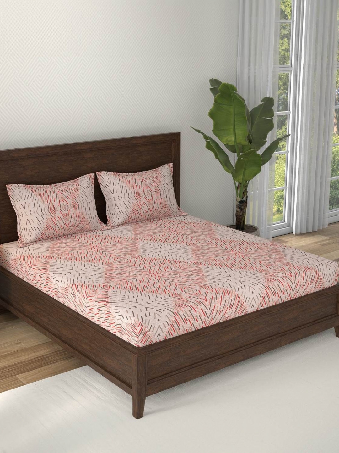 STELLAR HOME Valentina Plus Red & Orange Printed Cotton 144 TC Bedsheet Set 2.74m x 2.74m