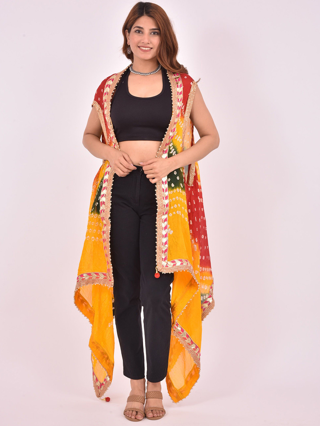 PK HUB Bandhani Printed Embellished Longline Jaipuri Rajasthani Shrug