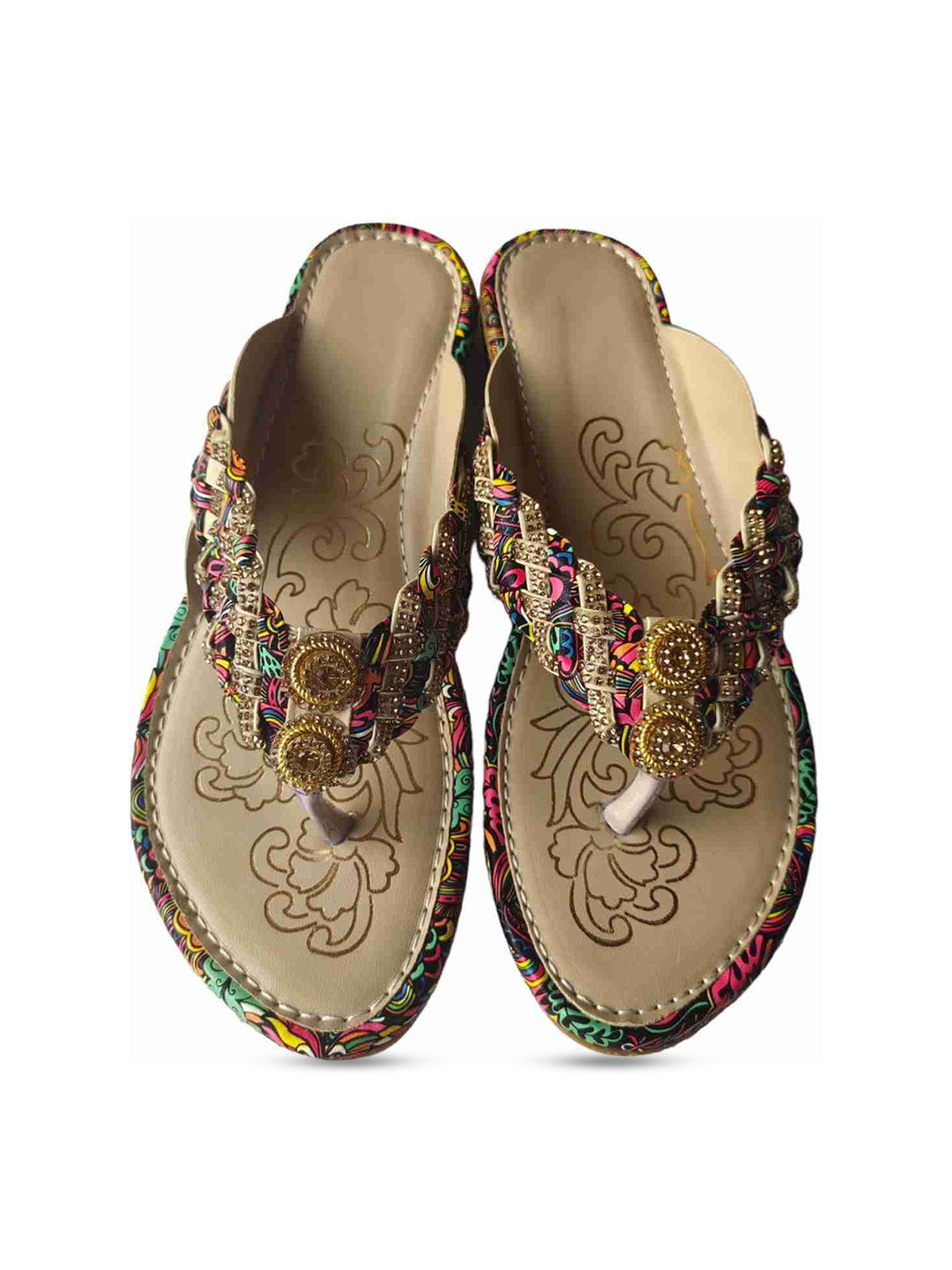 VANIYA SHOES Women Woven Design Ethnic Open Toe Flats With Western - Embellished