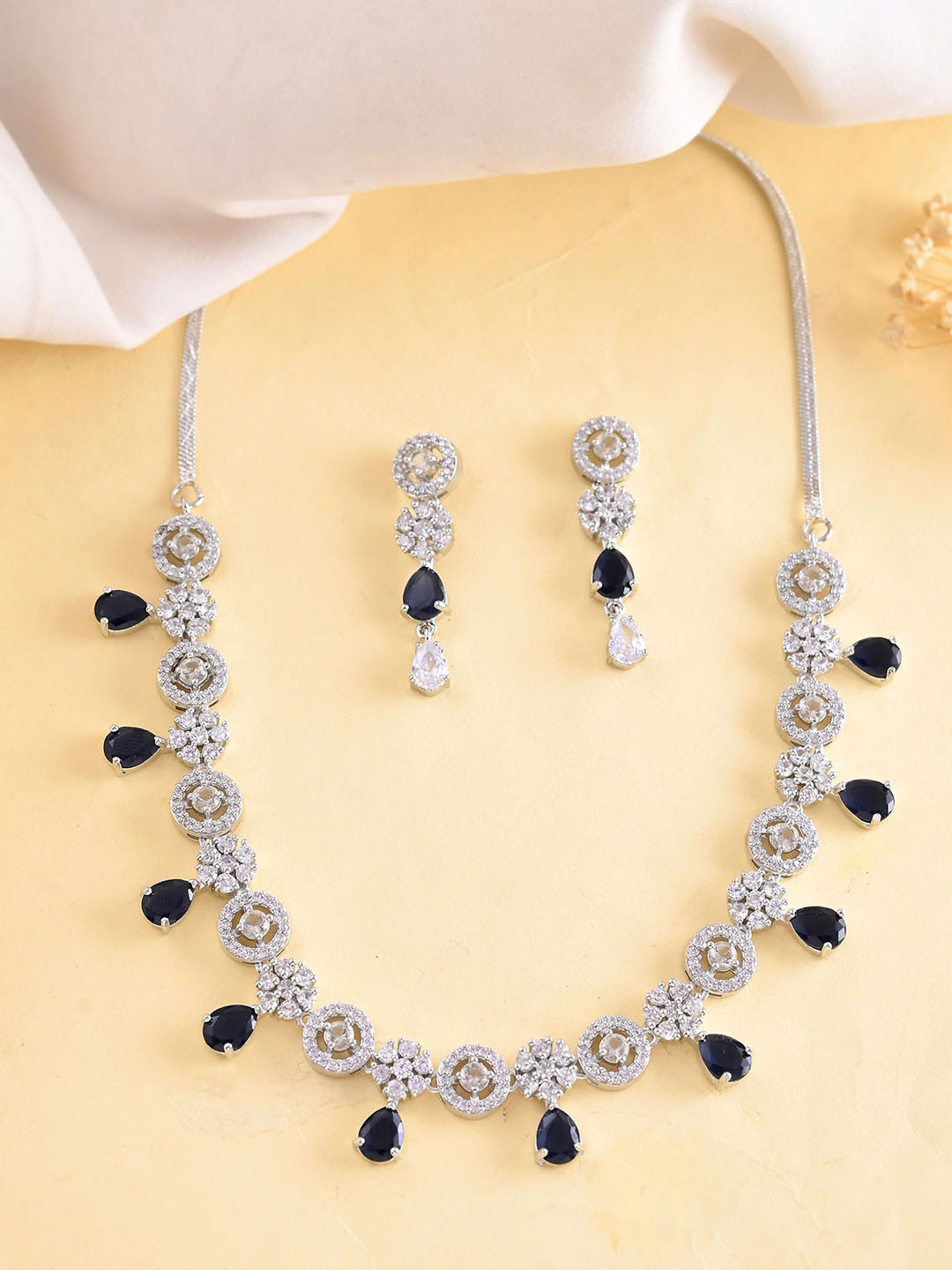 Silver Plated AD Studded Circular Shape With Black Stones Jewellery Set