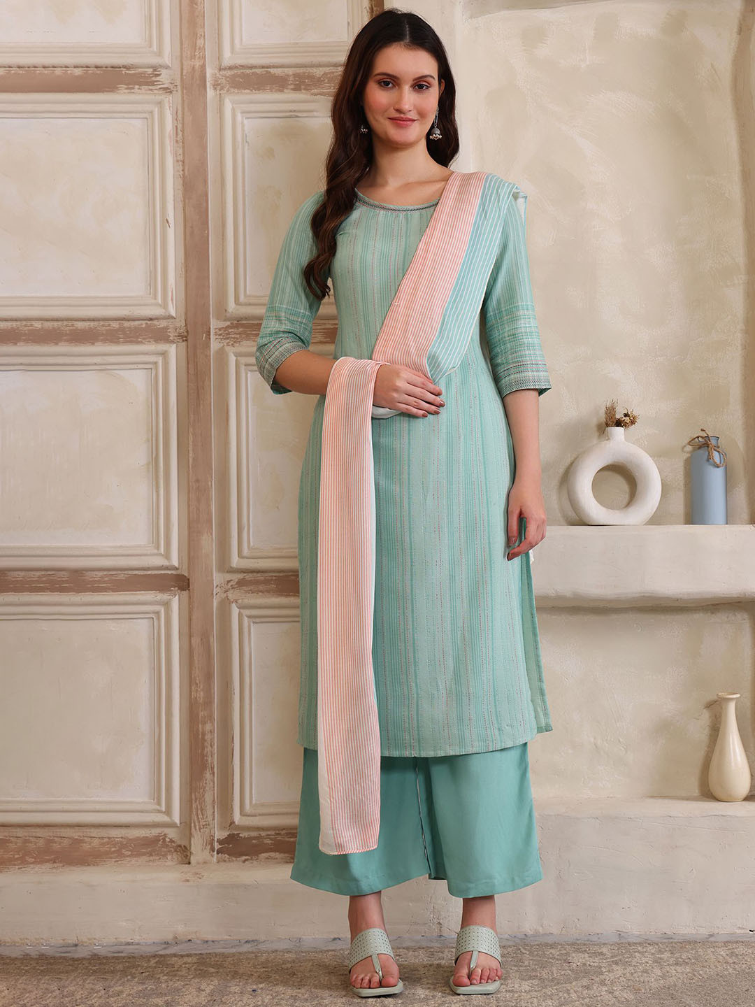 AURELIA Women Striped Kurta with Palazzo & Dupatta