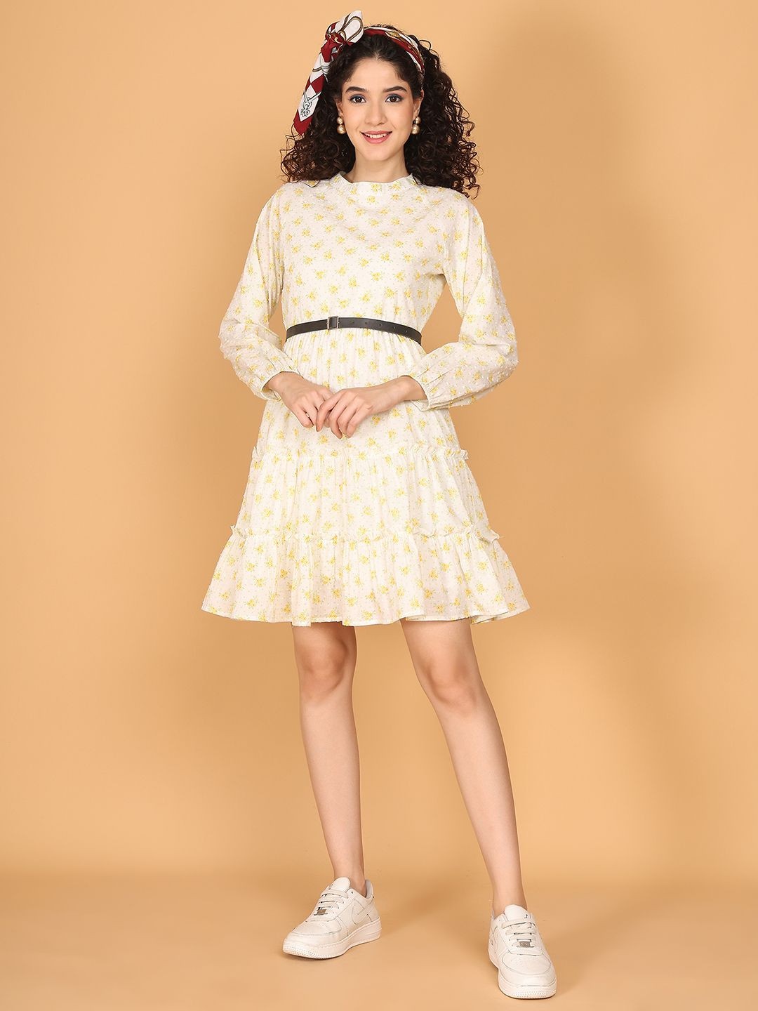 JAKANARY Floral Print Belted Fit & Flare Dress
