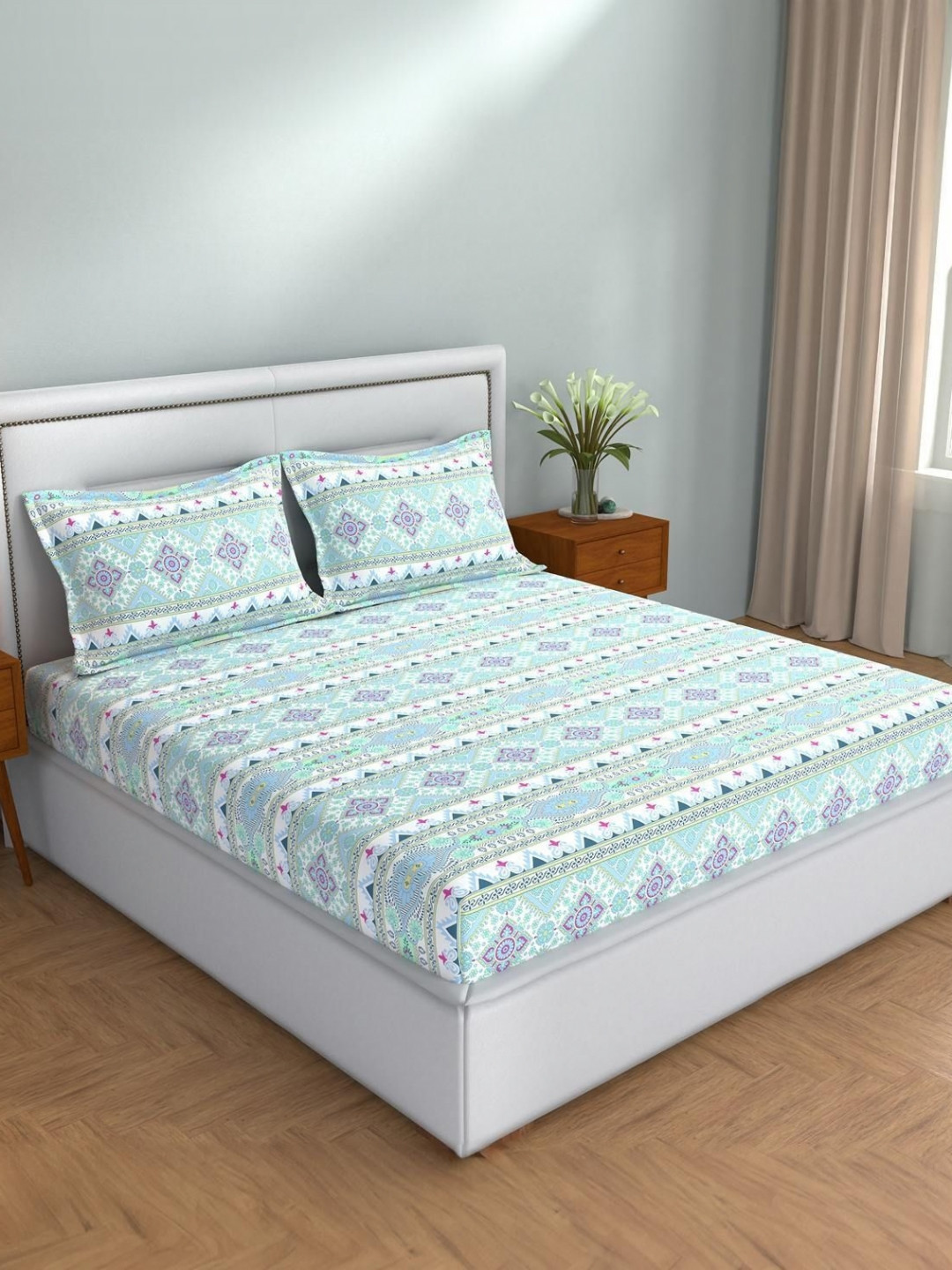STELLAR HOME Blue & White Ethnic Motifs 104 TC Bedsheet with 2 Pillow Covers